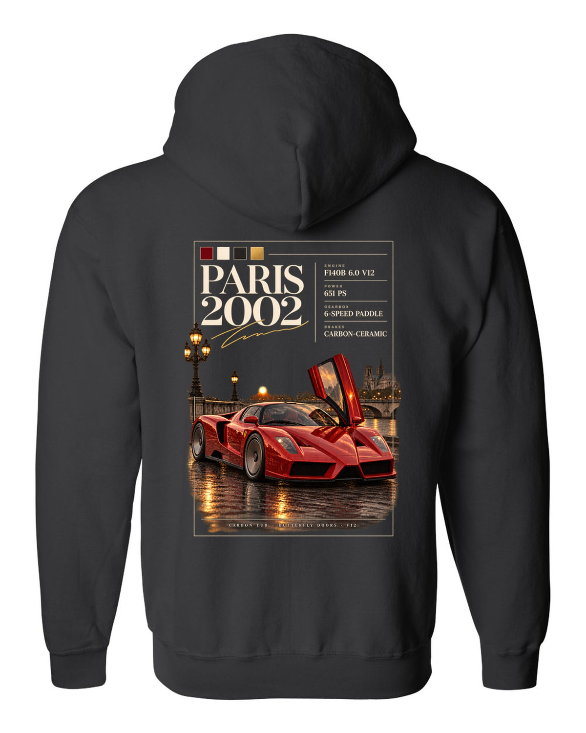 Ferrari Enzo 2002 front three-quarter archive panel print, Paris 2002, F140B V12, 651 PS black zip hoodie back view with the design
