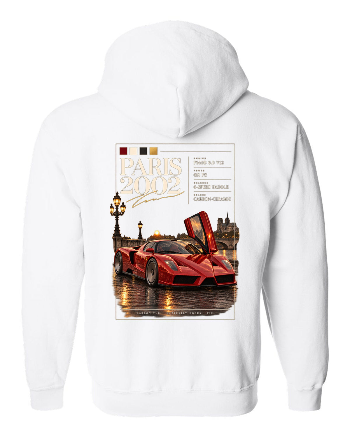 Ferrari Enzo 2002 front three-quarter archive panel print, Paris 2002, F140B V12, 651 PS white zip hoodie back view with the design