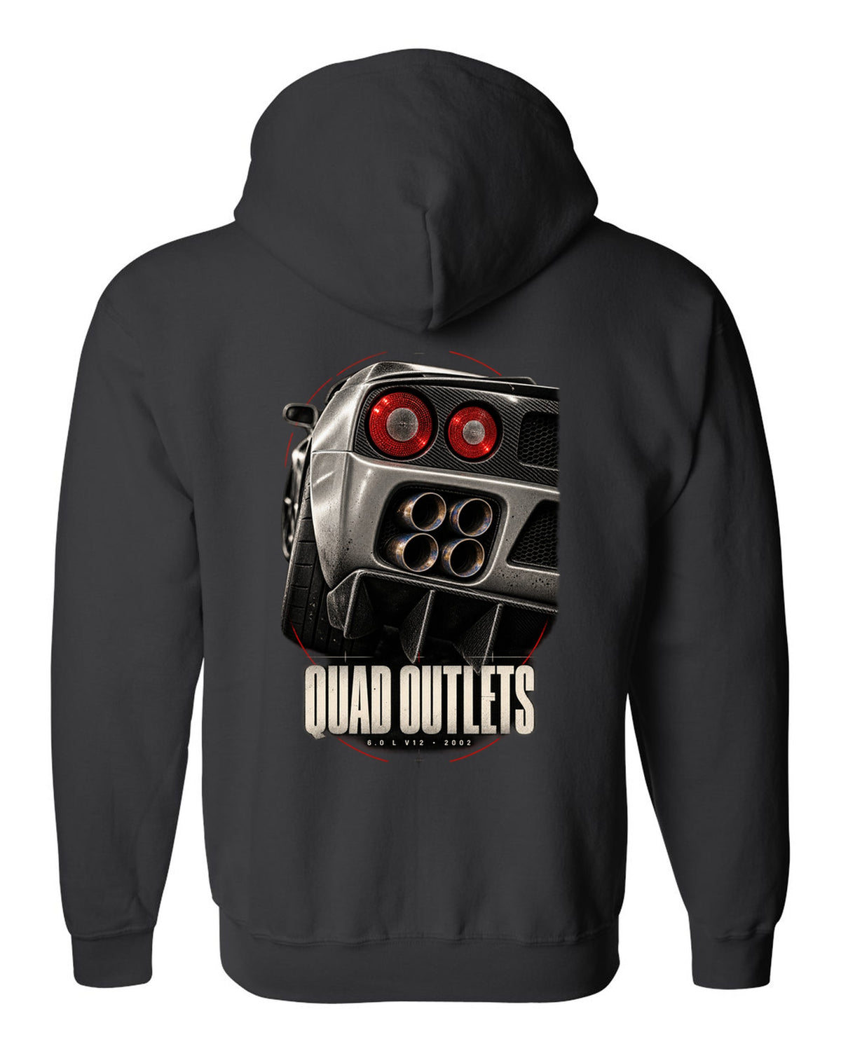 Ferrari Enzo 2002 rear detail macro print of four exhaust outlets, 6.0 L V12 black zip hoodie back view with the design