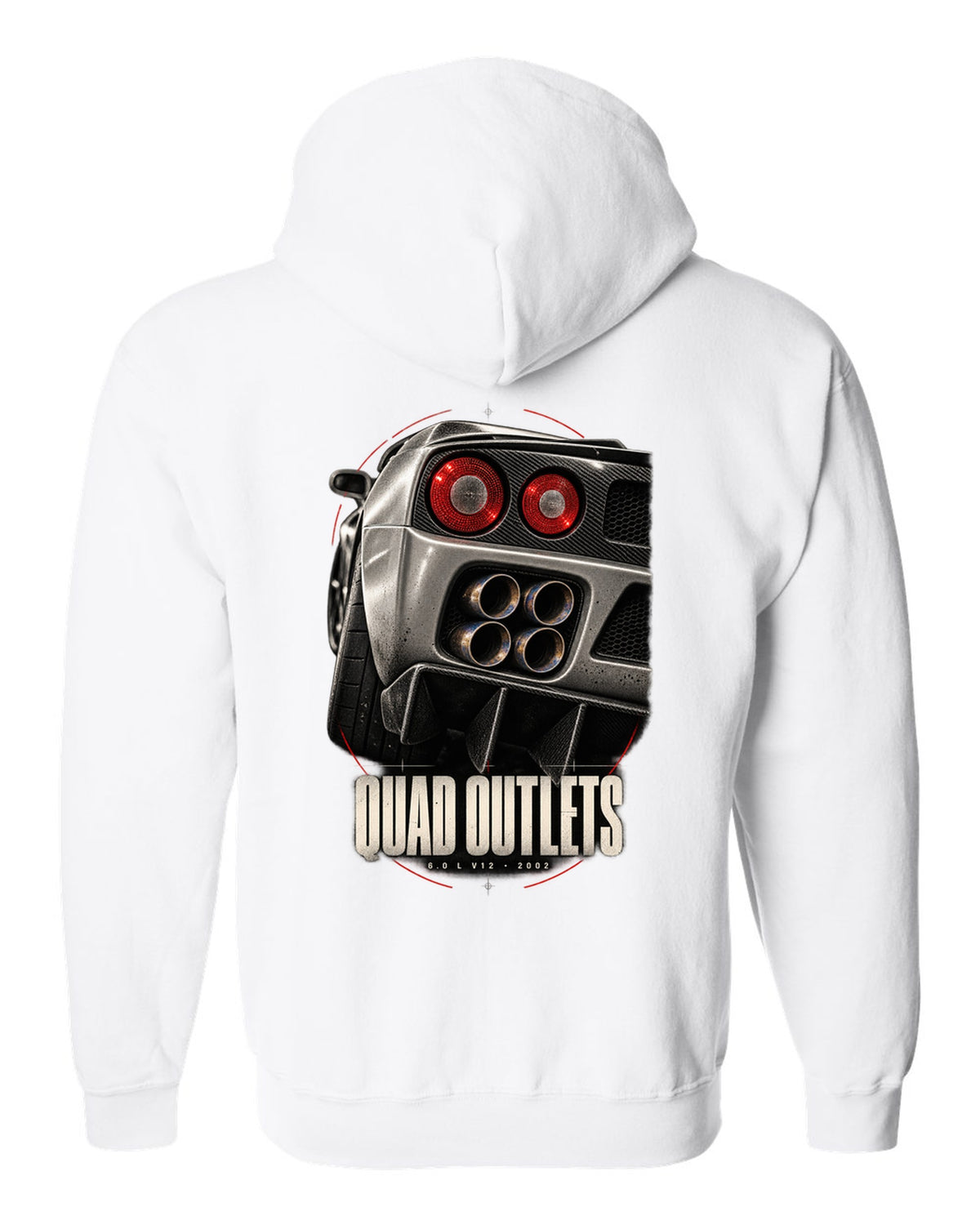 Ferrari Enzo 2002 rear detail macro print of four exhaust outlets, 6.0 L V12 white zip hoodie back view with the design