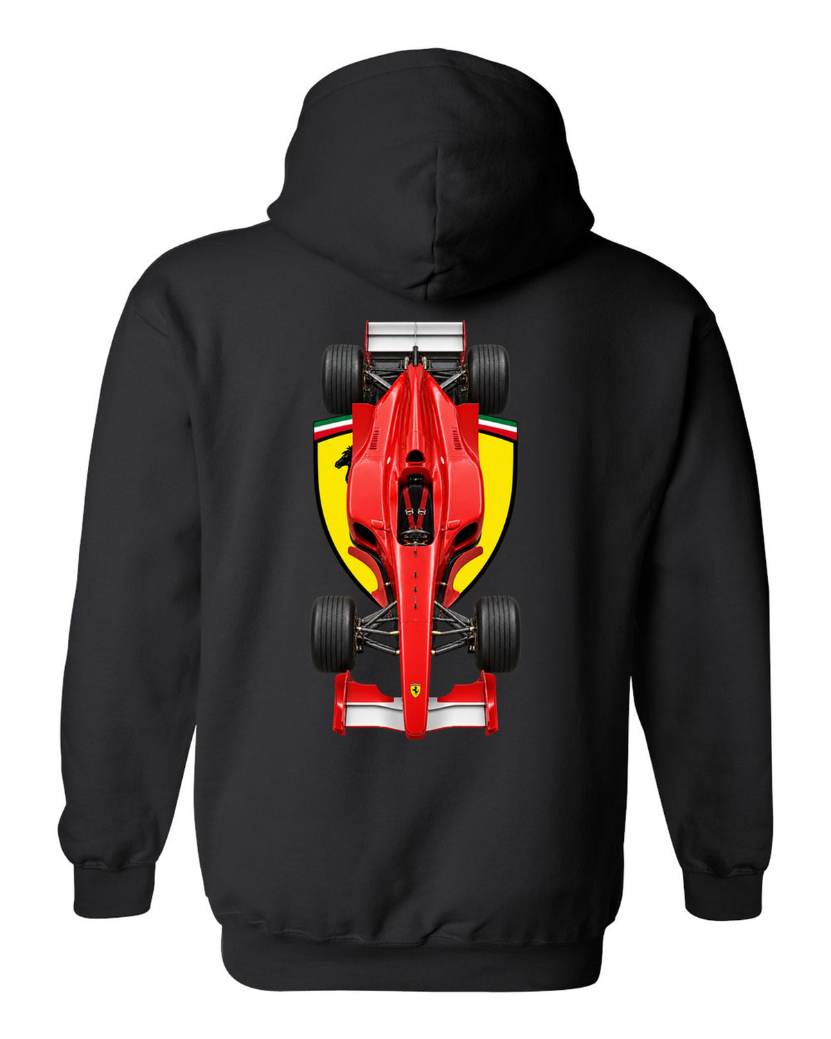 Ferrari F1 2000 2000 Formula 1 overhead poster artwork black pull over hoodie back view with the design
