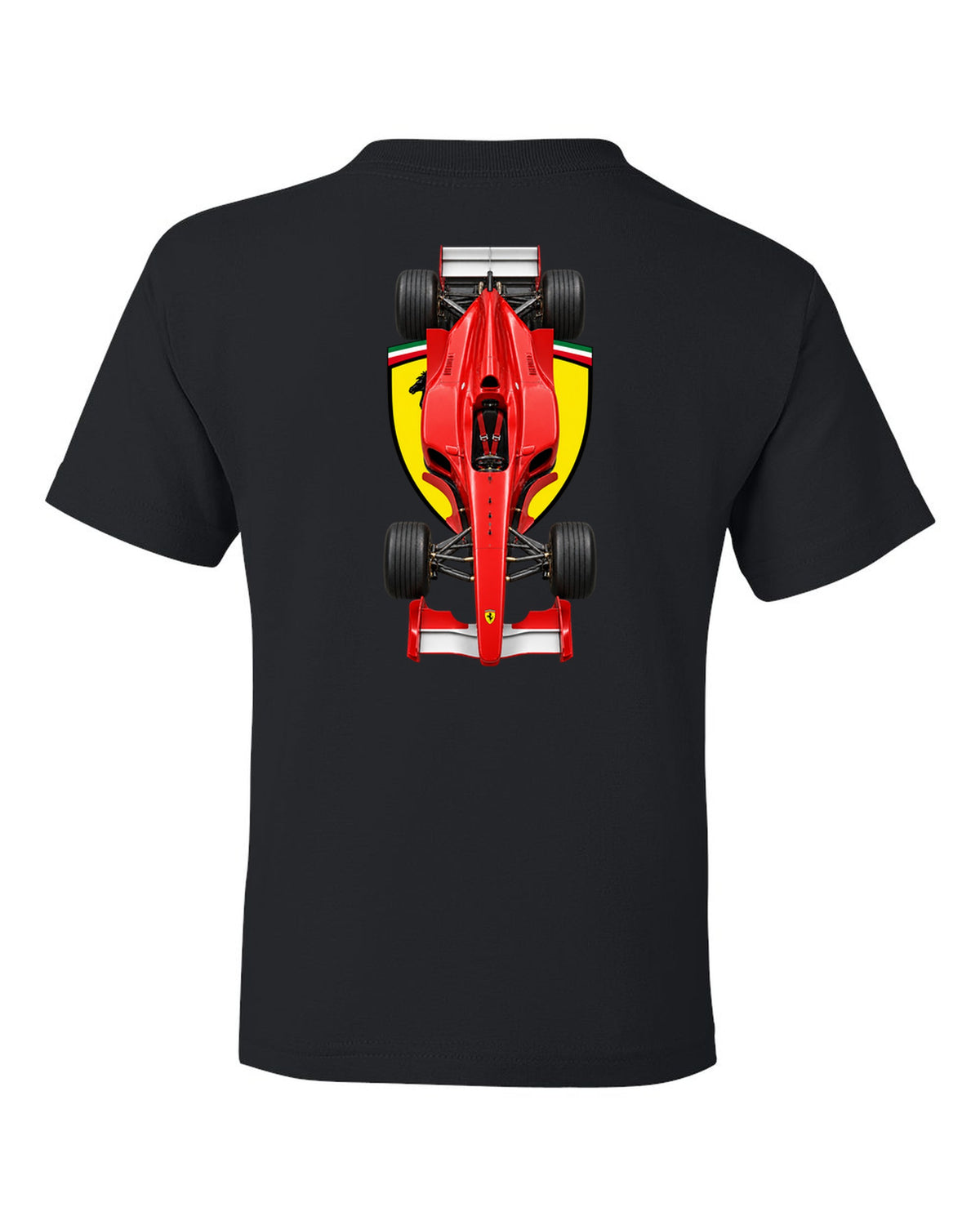 Ferrari F1 2000 2000 Formula 1 overhead poster artwork black kids tee back view with the design