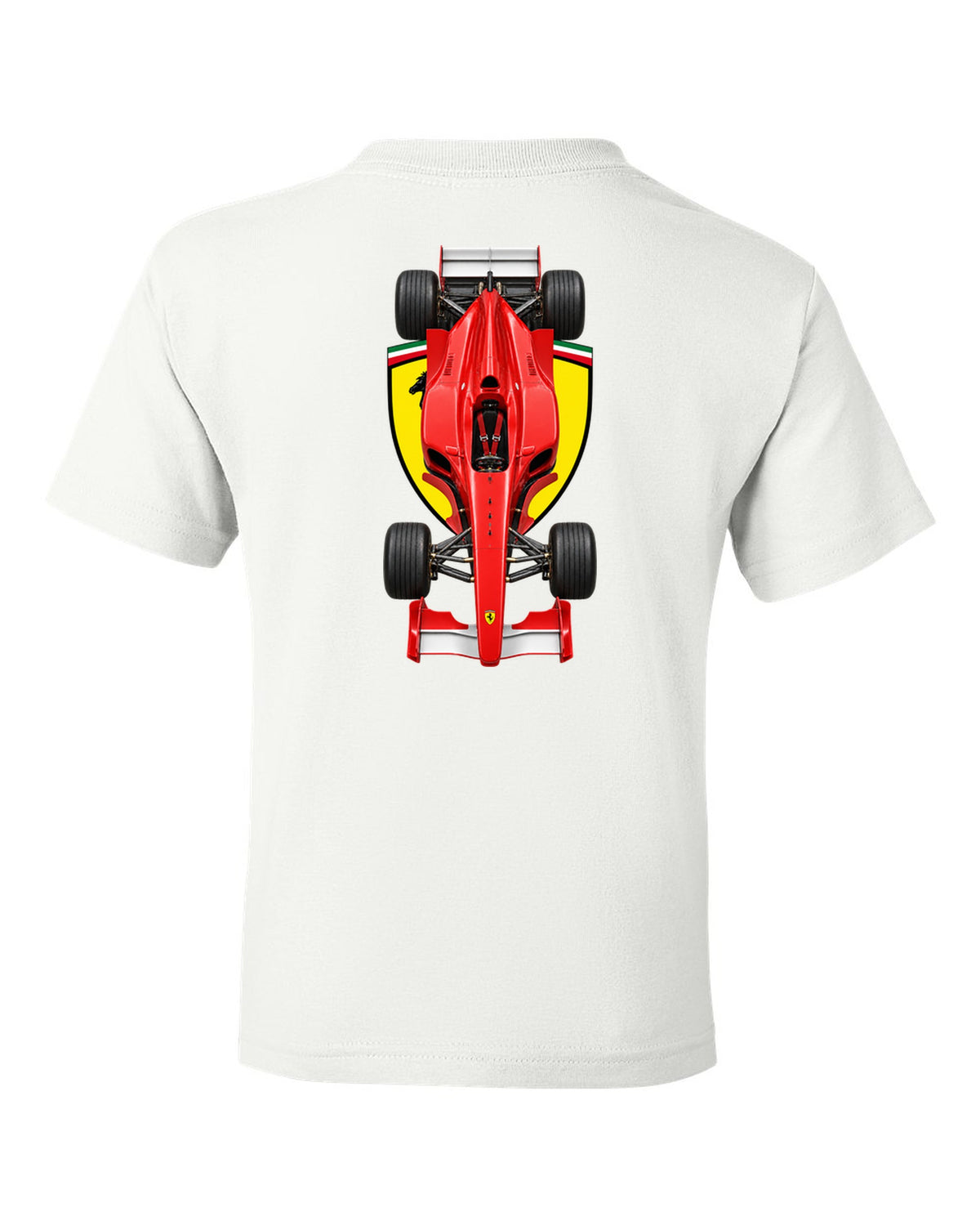Ferrari F1 2000 2000 Formula 1 overhead poster artwork white kids tee back view with the design