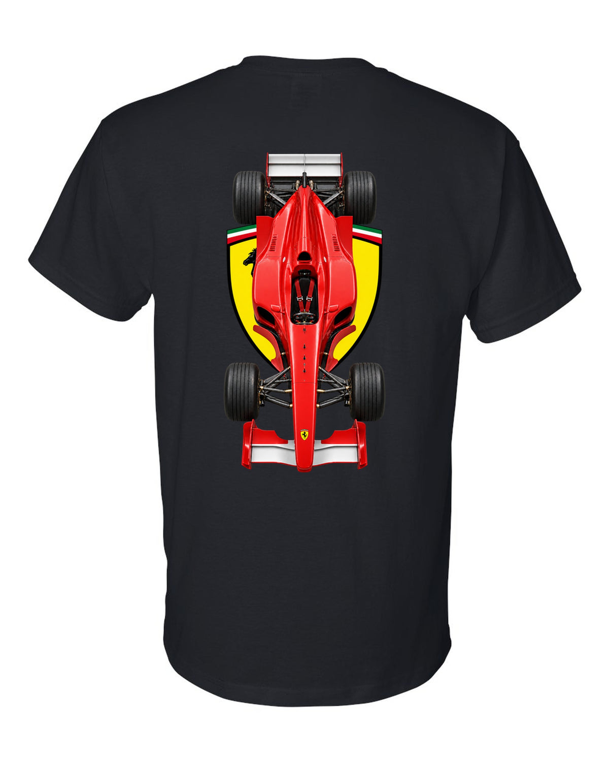Ferrari F1 2000 2000 Formula 1 overhead poster artwork black t-shirt back view with the design