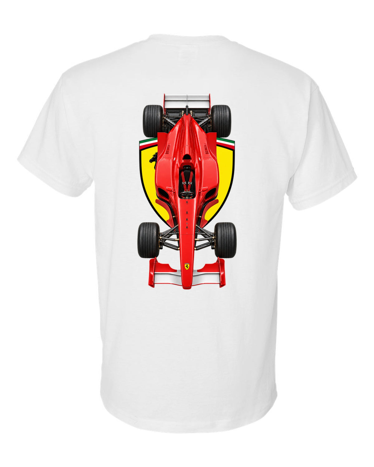 Ferrari F1 2000 2000 Formula 1 overhead poster artwork white t-shirt back view with the design