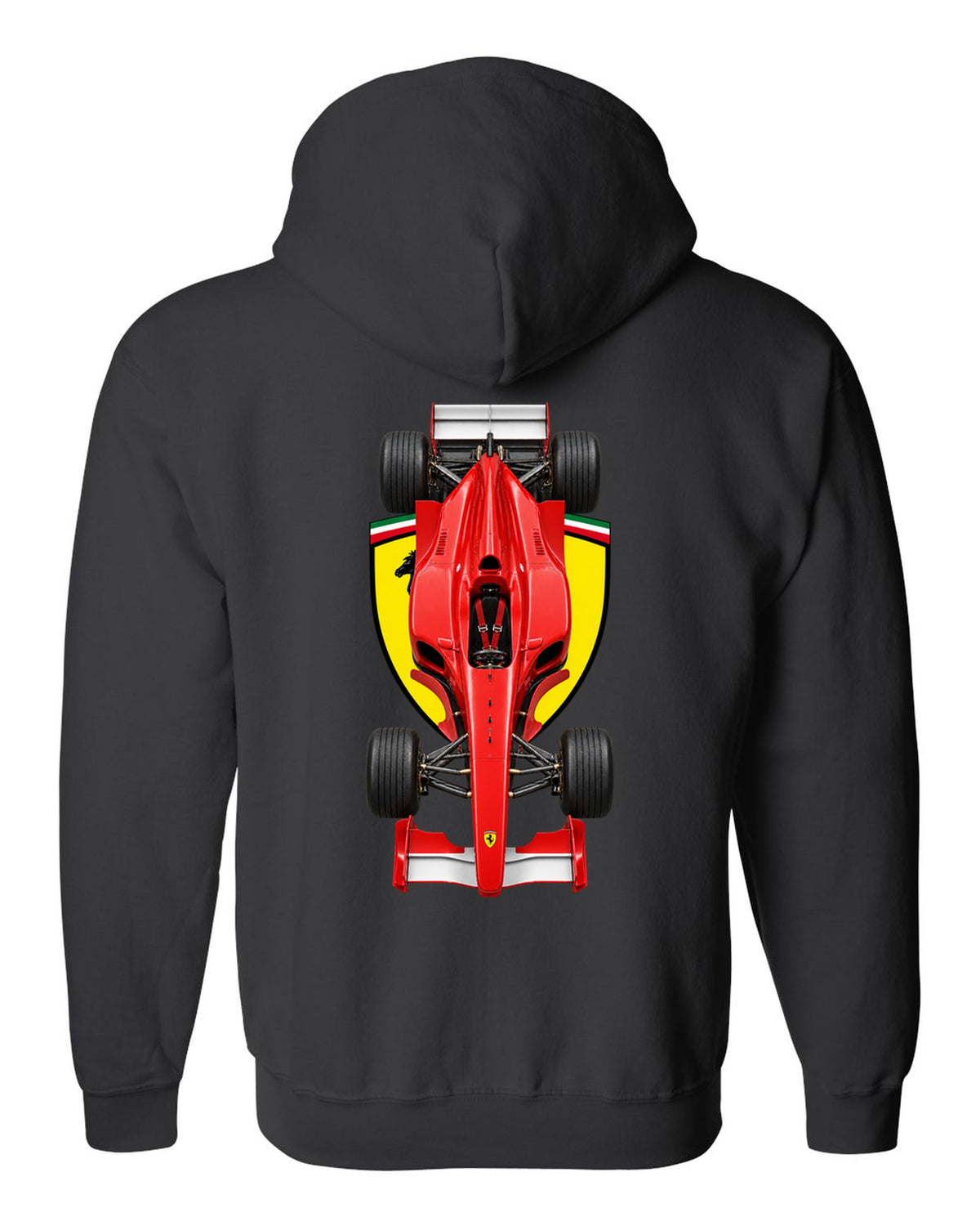 Ferrari F1 2000 2000 Formula 1 overhead poster artwork black zip hoodie back view with the design