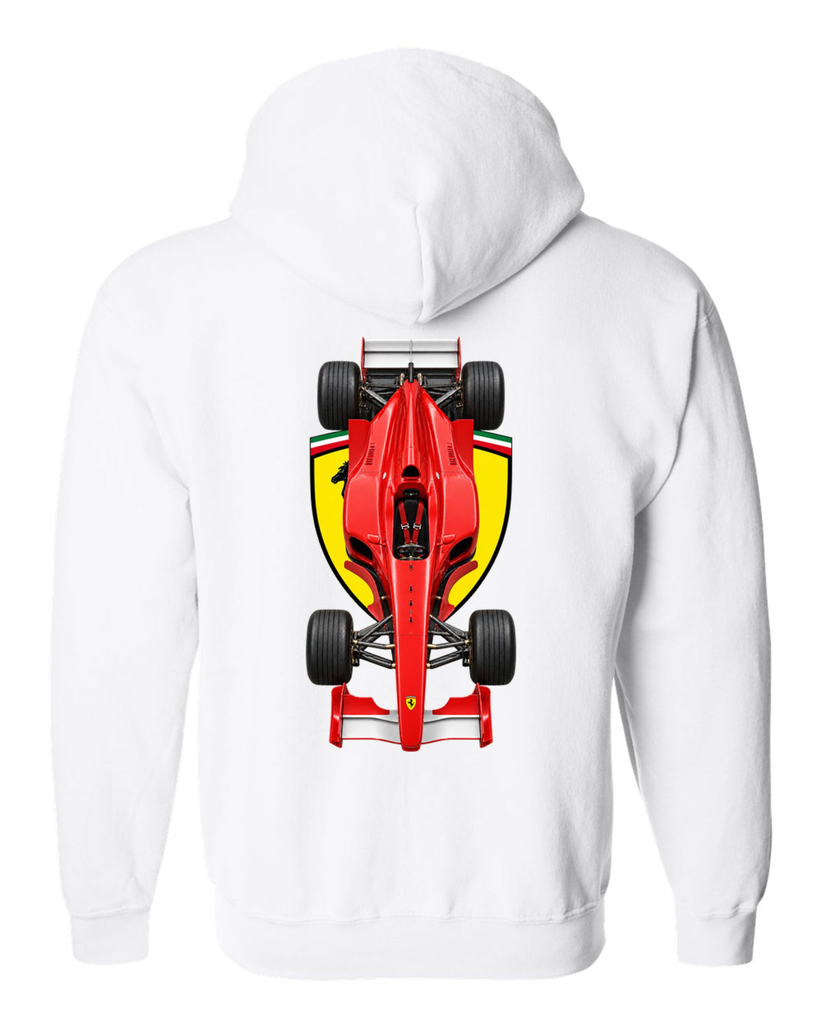 Ferrari F1 2000 2000 Formula 1 overhead poster artwork white zip hoodie back view with the design