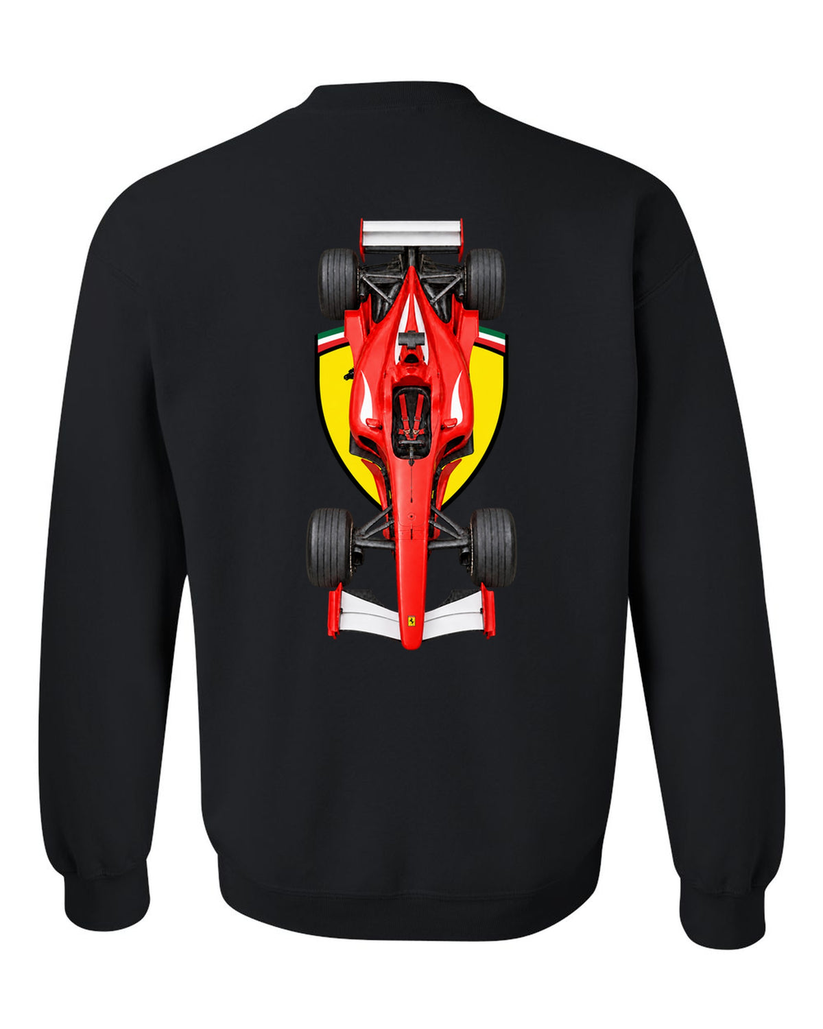 Ferrari F2002 2002 Formula 1 overhead poster artwork black crewneck back view with the design