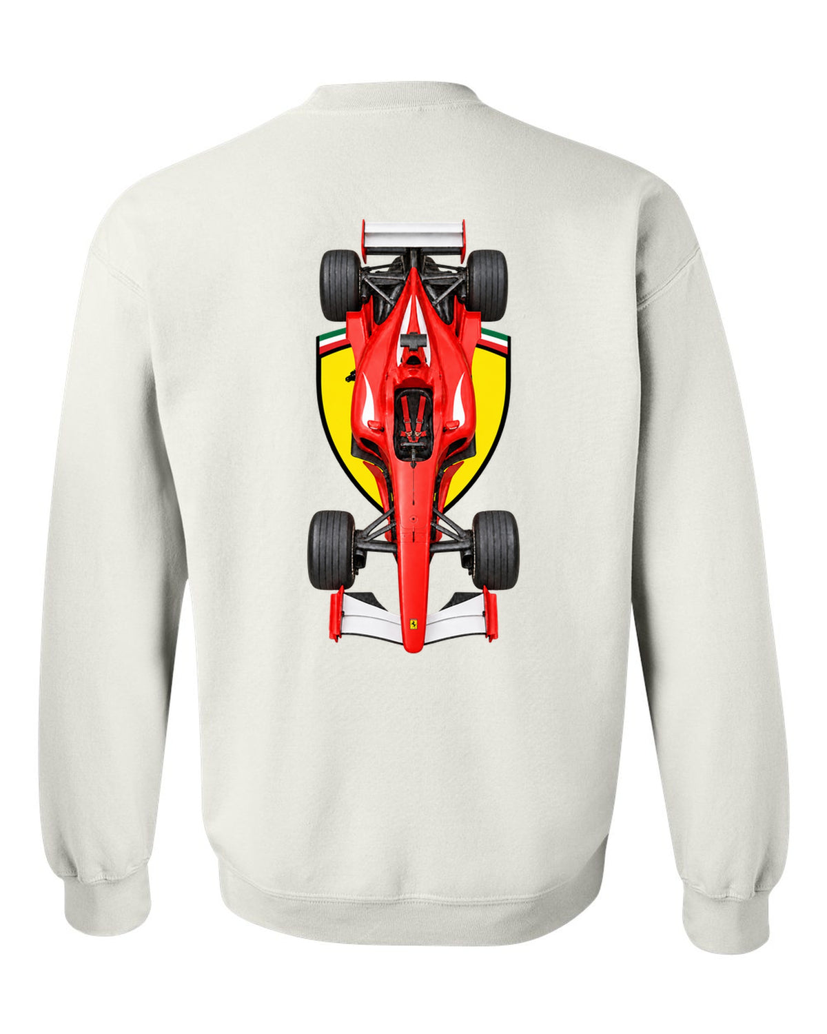 Ferrari F2002 2002 Formula 1 overhead poster artwork white crewneck back view with the design