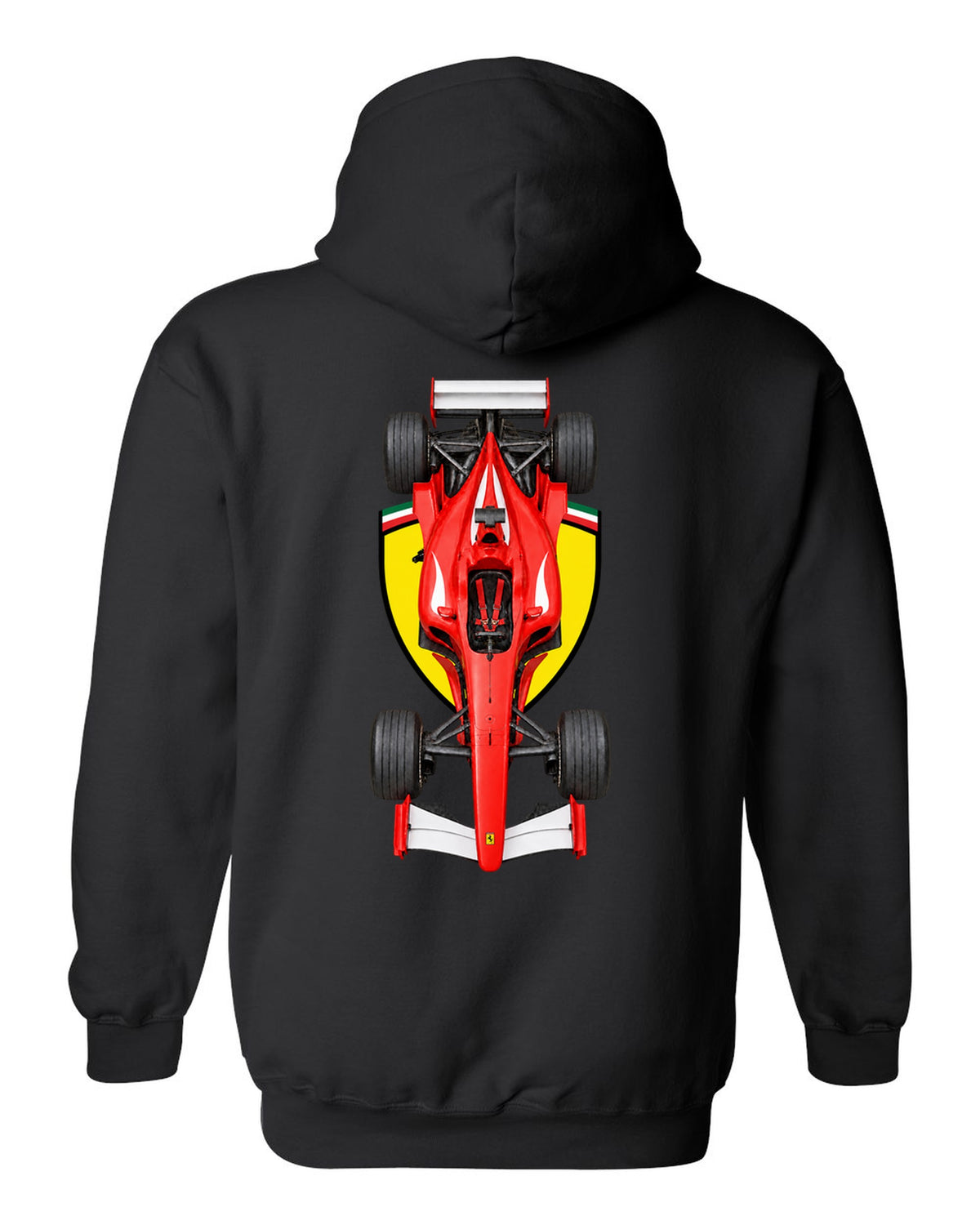 Ferrari F2002 2002 Formula 1 overhead poster artwork black pull over hoodie back view with the design