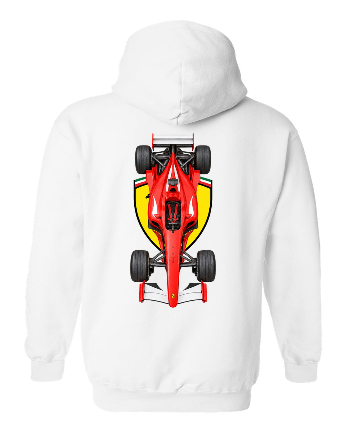 Ferrari F2002 2002 Formula 1 overhead poster artwork white pull over hoodie back view with the design