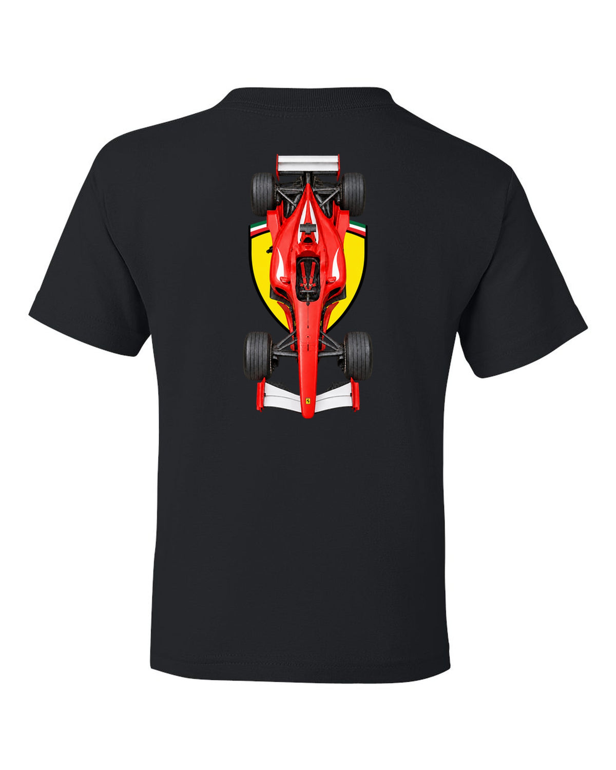 Ferrari F2002 2002 Formula 1 overhead poster artwork black kids tee back view with the design