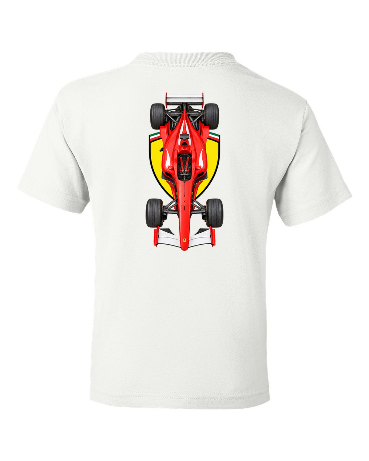 Ferrari F2002 2002 Formula 1 overhead poster artwork white kids tee back view with the design