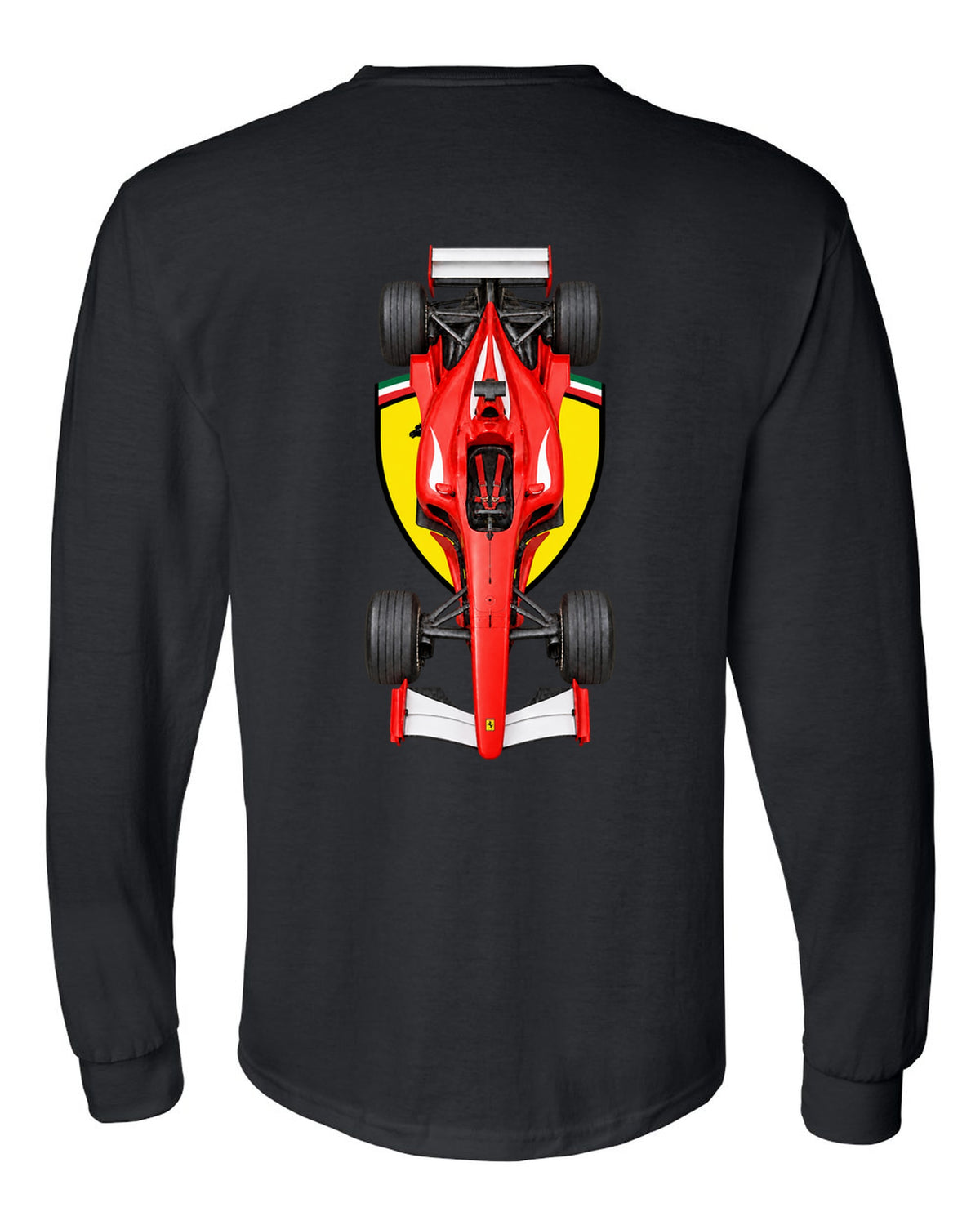 Ferrari F2002 2002 Formula 1 overhead poster artwork black long sleeve back view with the design
