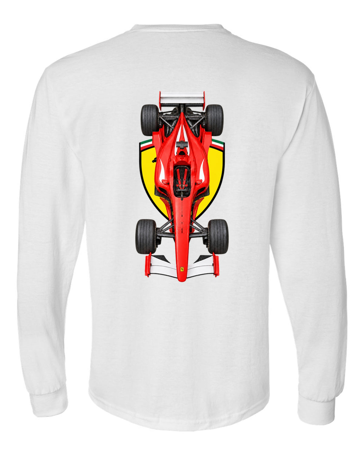 Ferrari F2002 2002 Formula 1 overhead poster artwork white long sleeve back view with the design