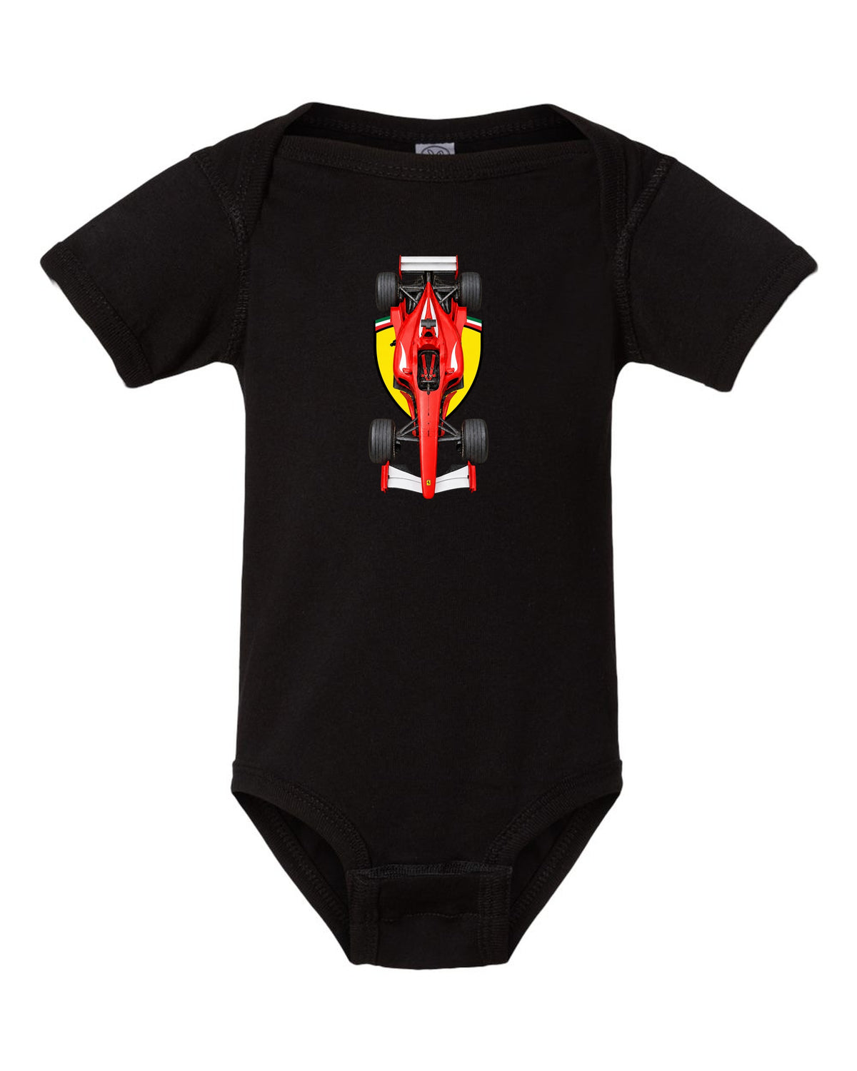 Ferrari F2002 2002 Formula 1 overhead poster artwork black baby onesie front view with the design