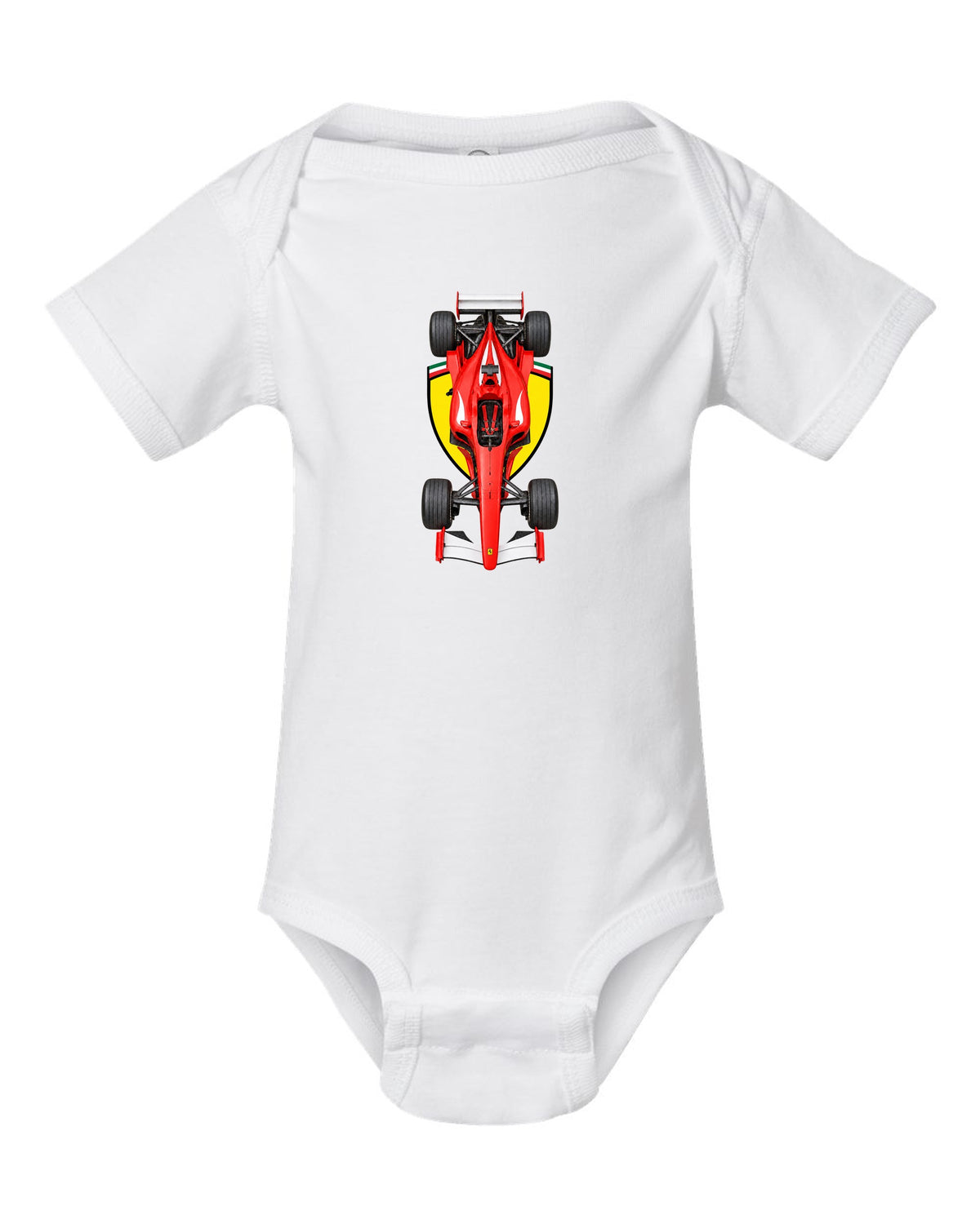 Ferrari F2002 2002 Formula 1 overhead poster artwork white baby onesie front view with the design