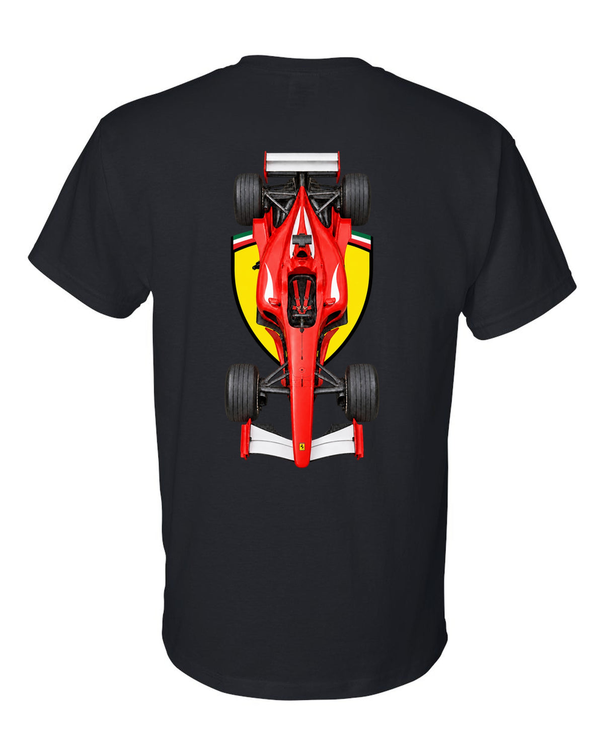 Ferrari F2002 2002 Formula 1 overhead poster artwork black t-shirt back view with the design