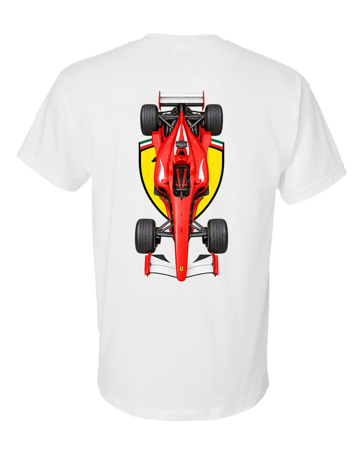 Ferrari F2002 2002 Formula 1 overhead poster artwork white t-shirt back view with the design