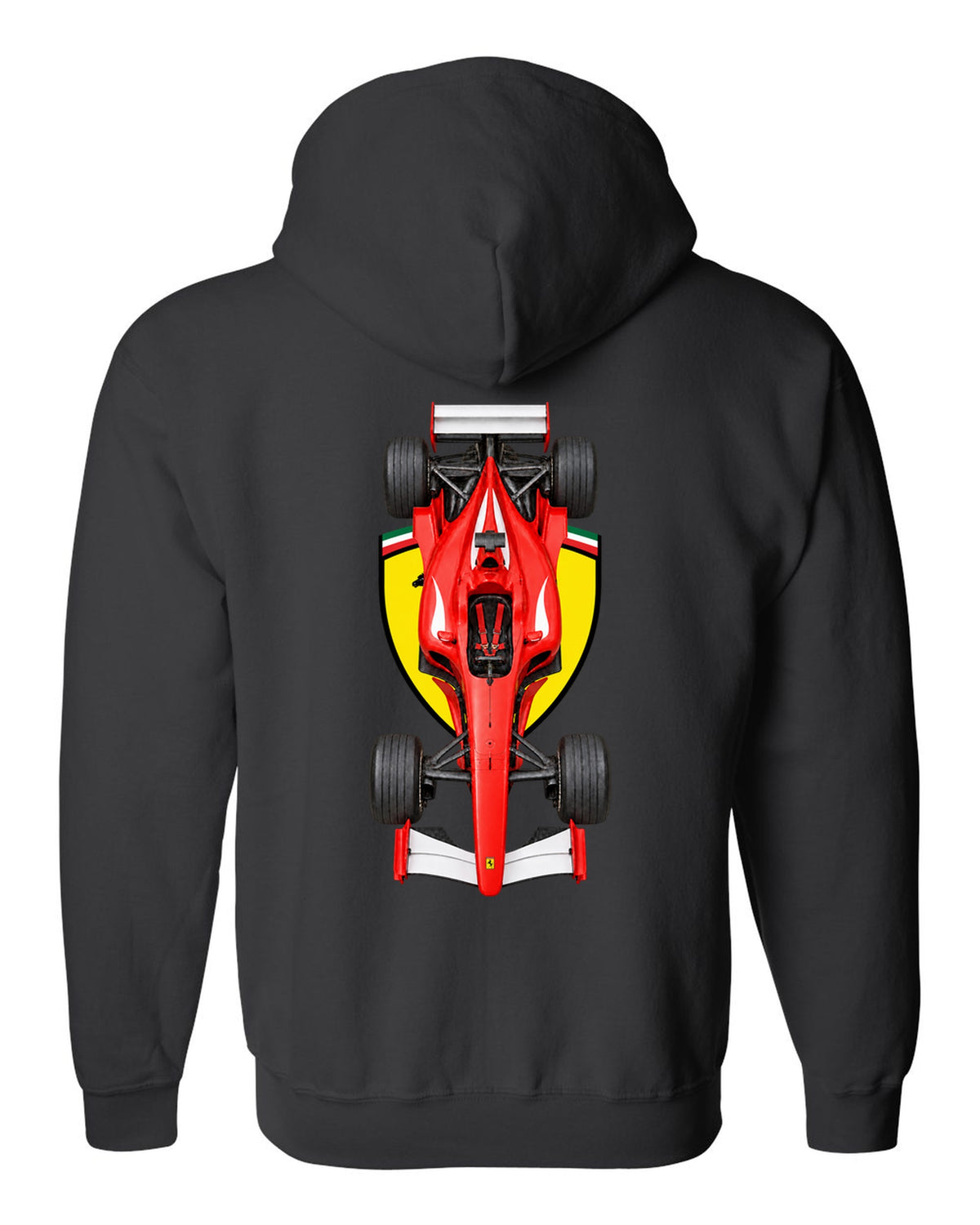 Ferrari F2002 2002 Formula 1 overhead poster artwork black zip hoodie back view with the design