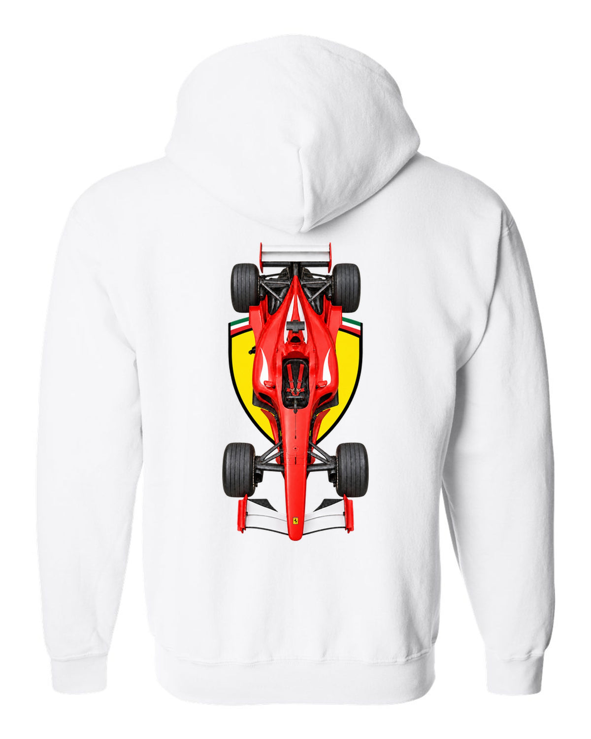 Ferrari F2002 2002 Formula 1 overhead poster artwork white zip hoodie back view with the design