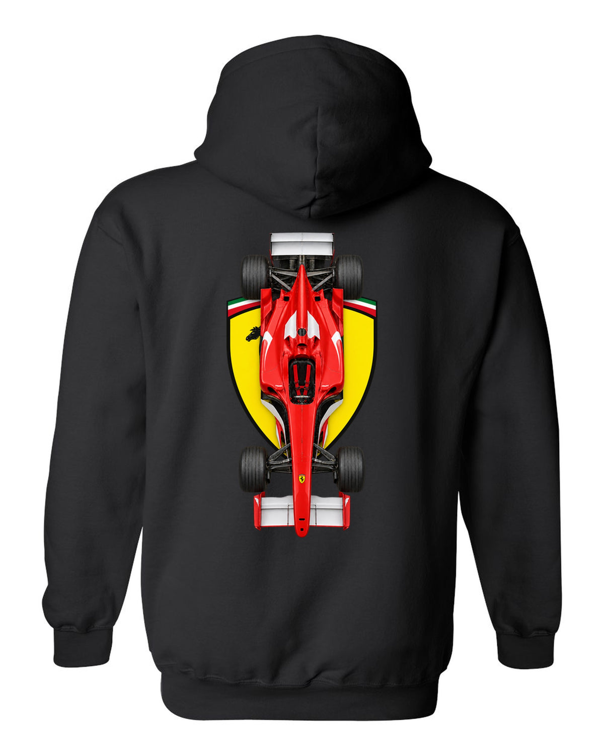 Ferrari F2004 2004 Formula 1 overhead poster artwork black pull over hoodie back view with the design