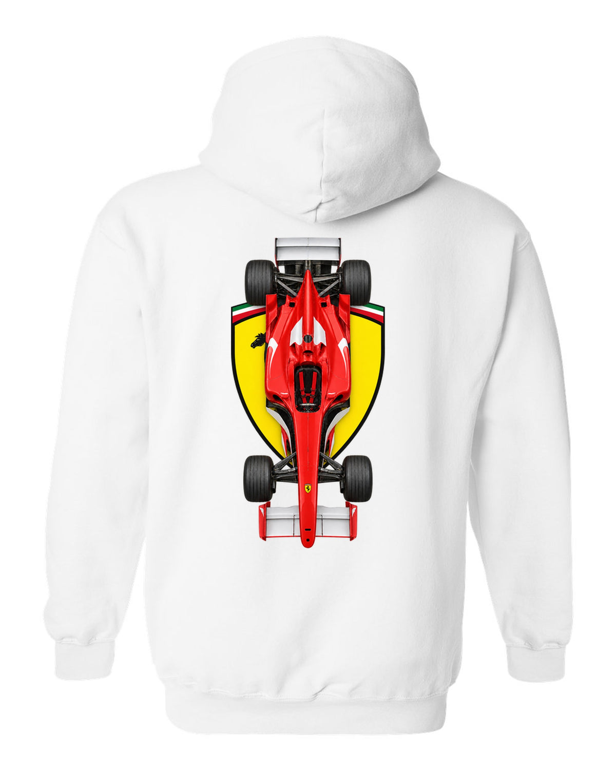 Ferrari F2004 2004 Formula 1 overhead poster artwork white pull over hoodie back view with the design