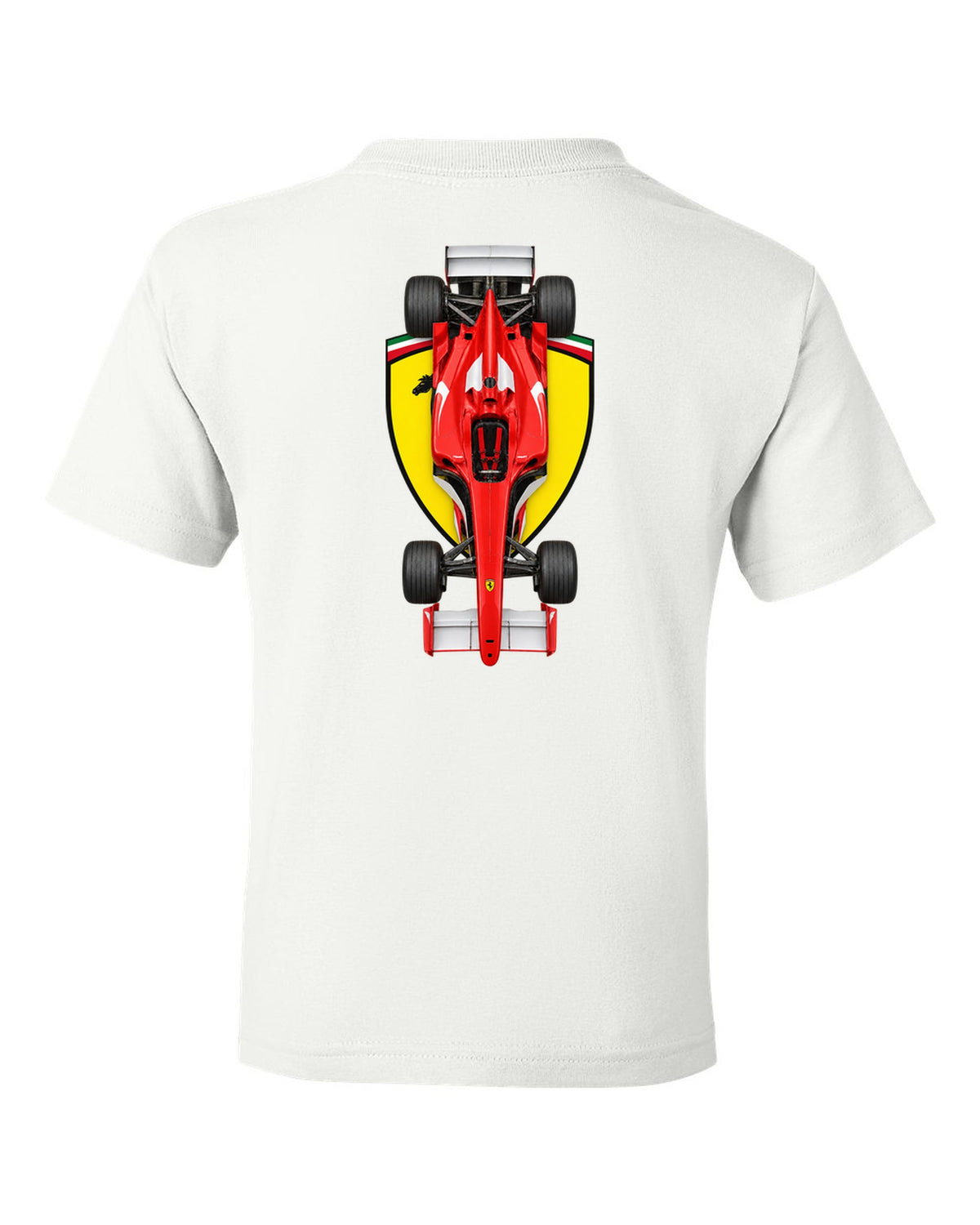 Ferrari F2004 2004 Formula 1 overhead poster artwork white kids tee back view with the design