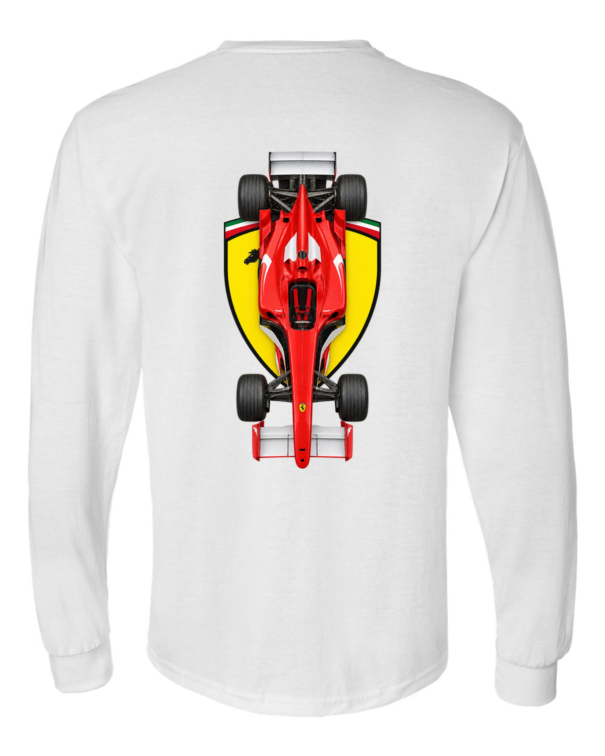 Ferrari F2004 2004 Formula 1 overhead poster artwork white long sleeve back view with the design