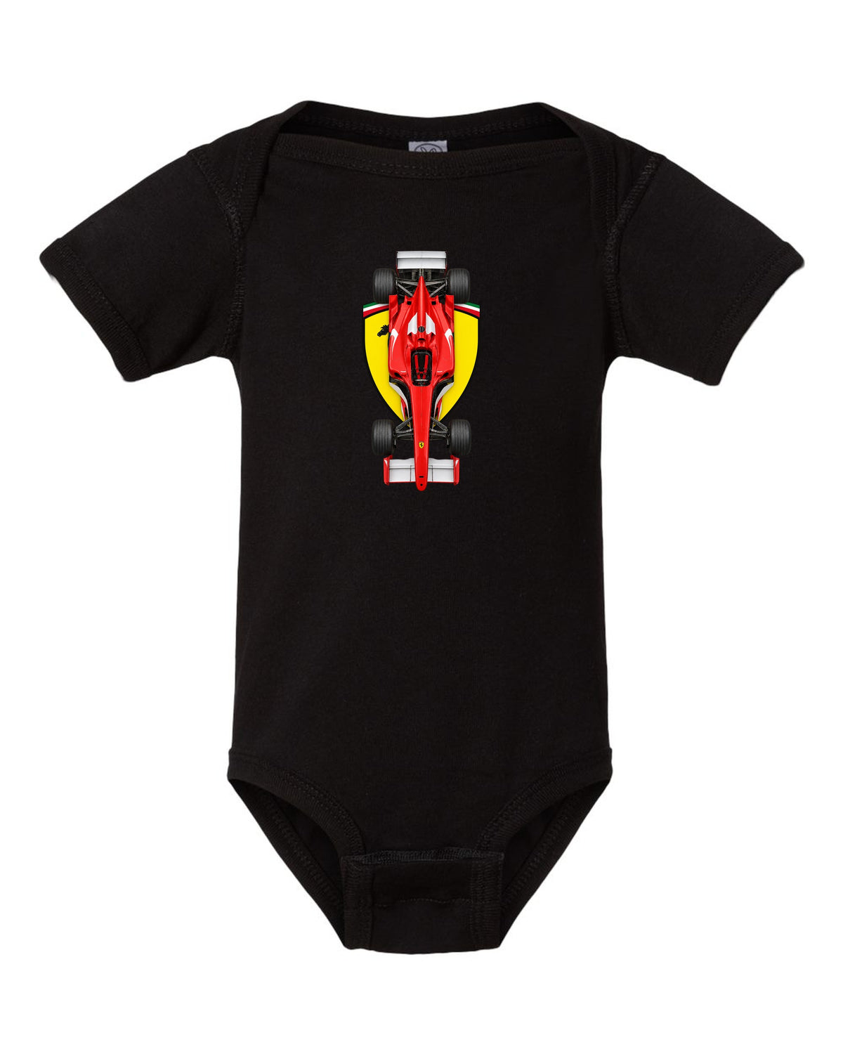 Ferrari F2004 2004 Formula 1 overhead poster artwork black baby onesie front view with the design