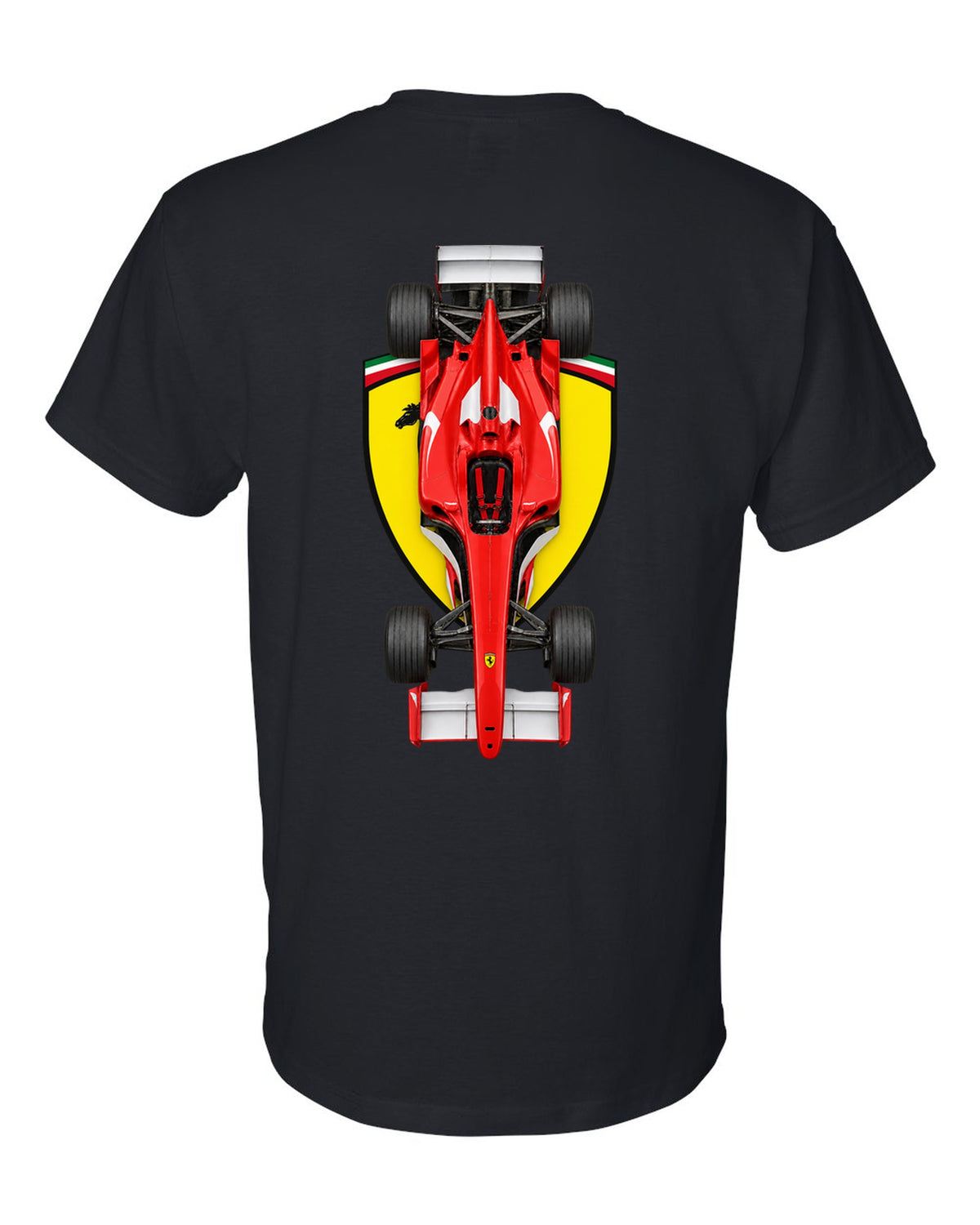 Ferrari F2004 2004 Formula 1 overhead poster artwork black t-shirt back view with the design