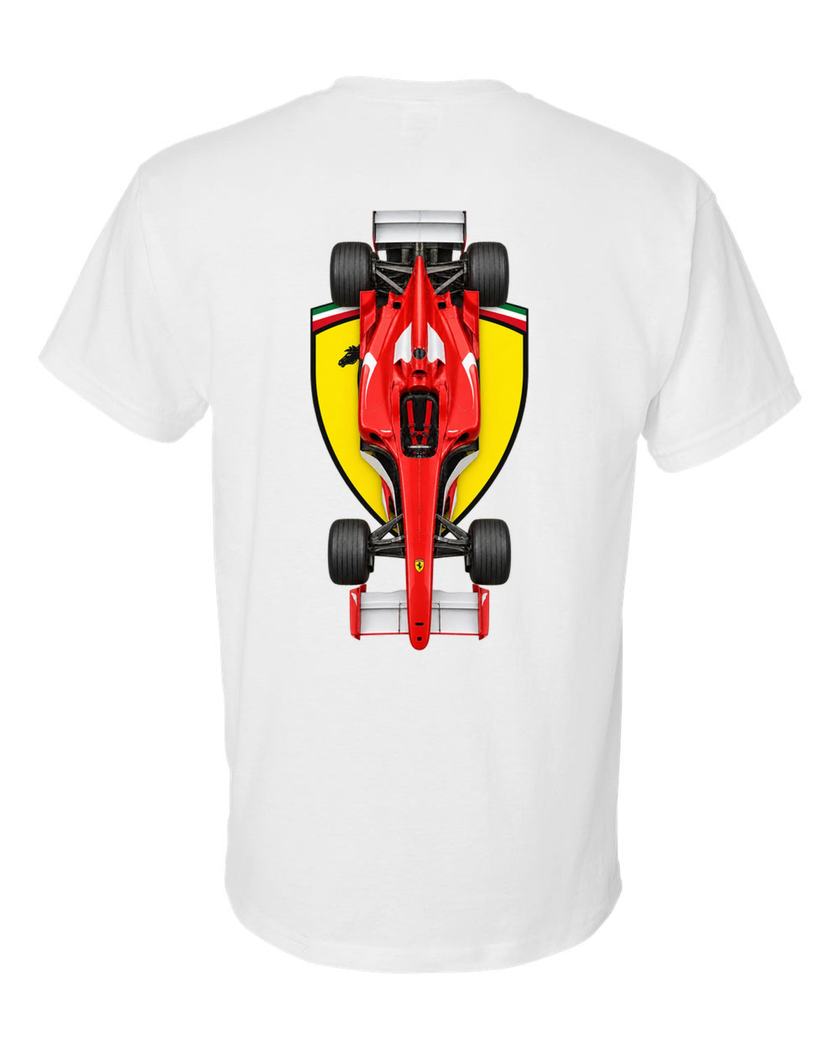 Ferrari F2004 2004 Formula 1 overhead poster artwork white t-shirt back view with the design