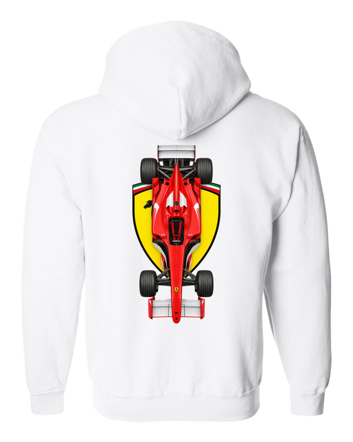 Ferrari F2004 2004 Formula 1 overhead poster artwork white zip hoodie back view with the design