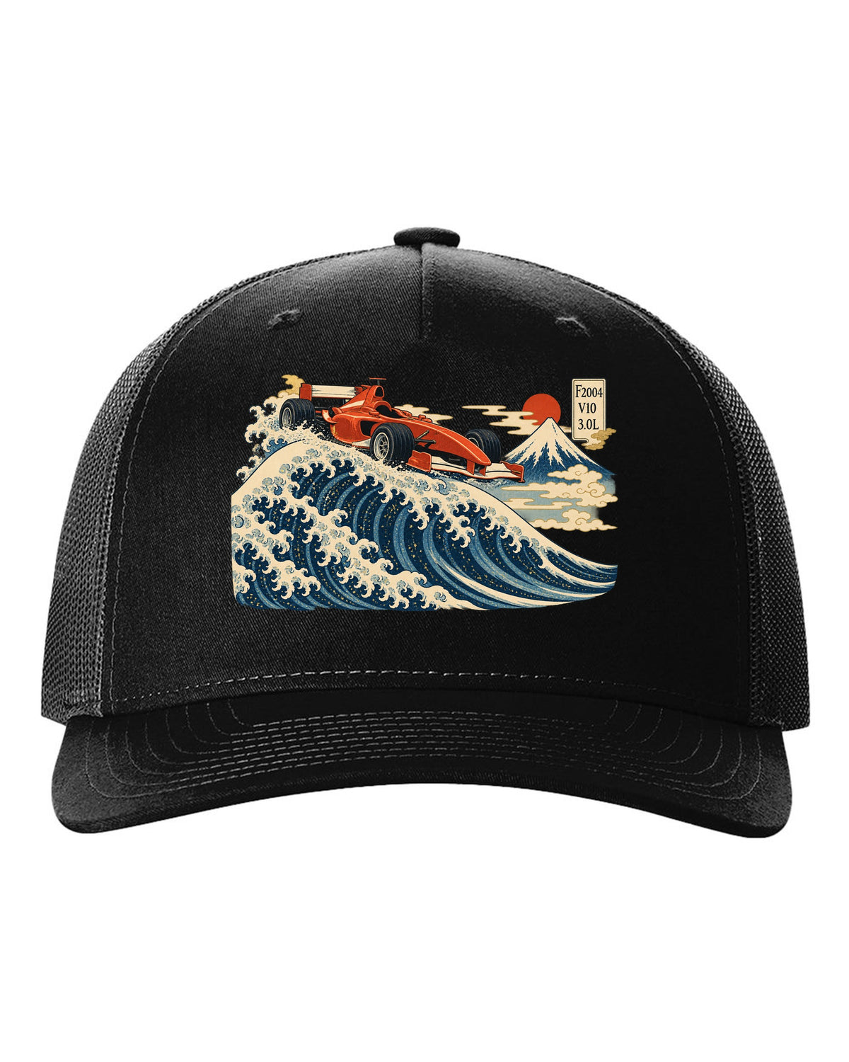 Woodblock print style Ferrari F2004 Formula 1 car in front of a wave with V10 lettering black hat front view with the design