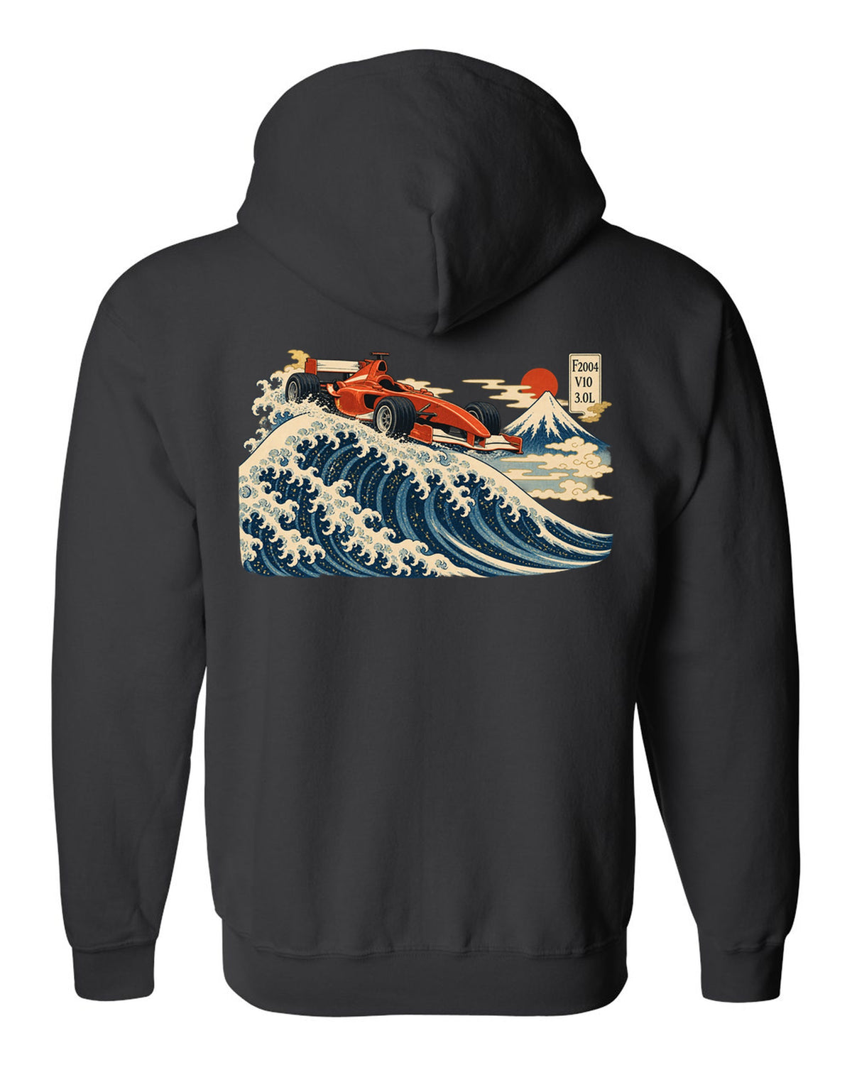 Woodblock print style Ferrari F2004 Formula 1 car in front of a wave with V10 lettering black zip hoodie back view with the design