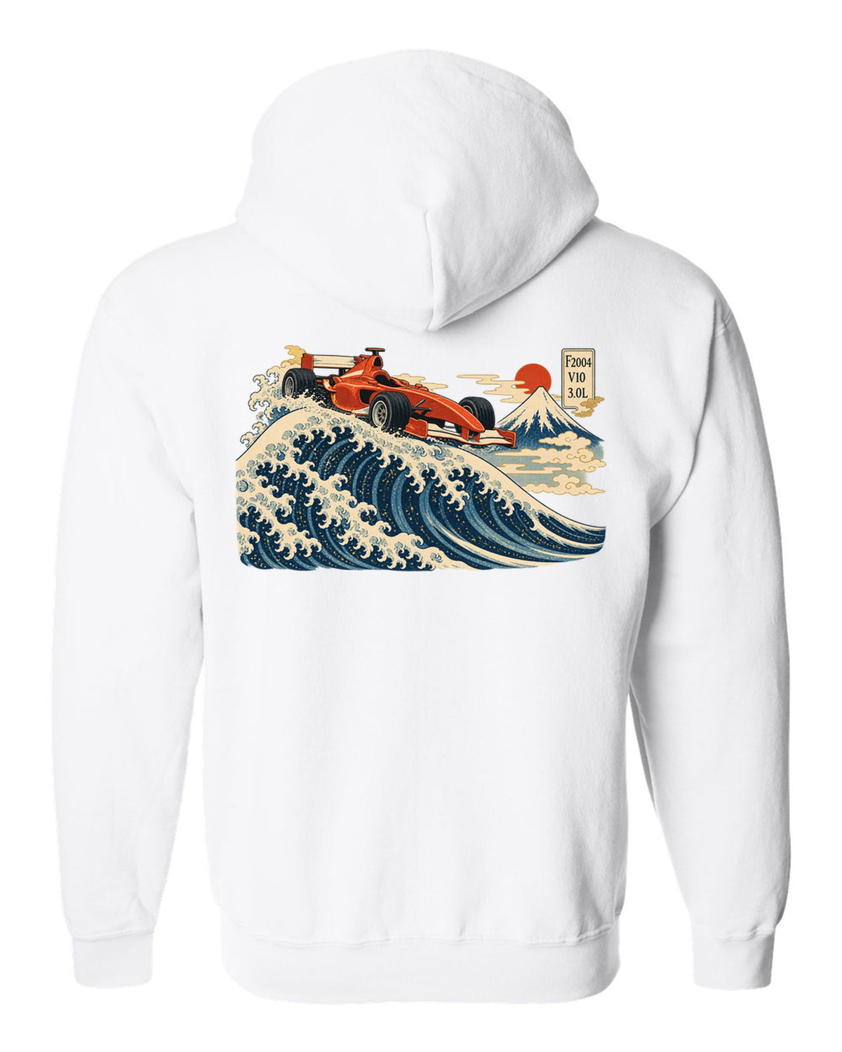 Woodblock print style Ferrari F2004 Formula 1 car in front of a wave with V10 lettering white zip hoodie back view with the design