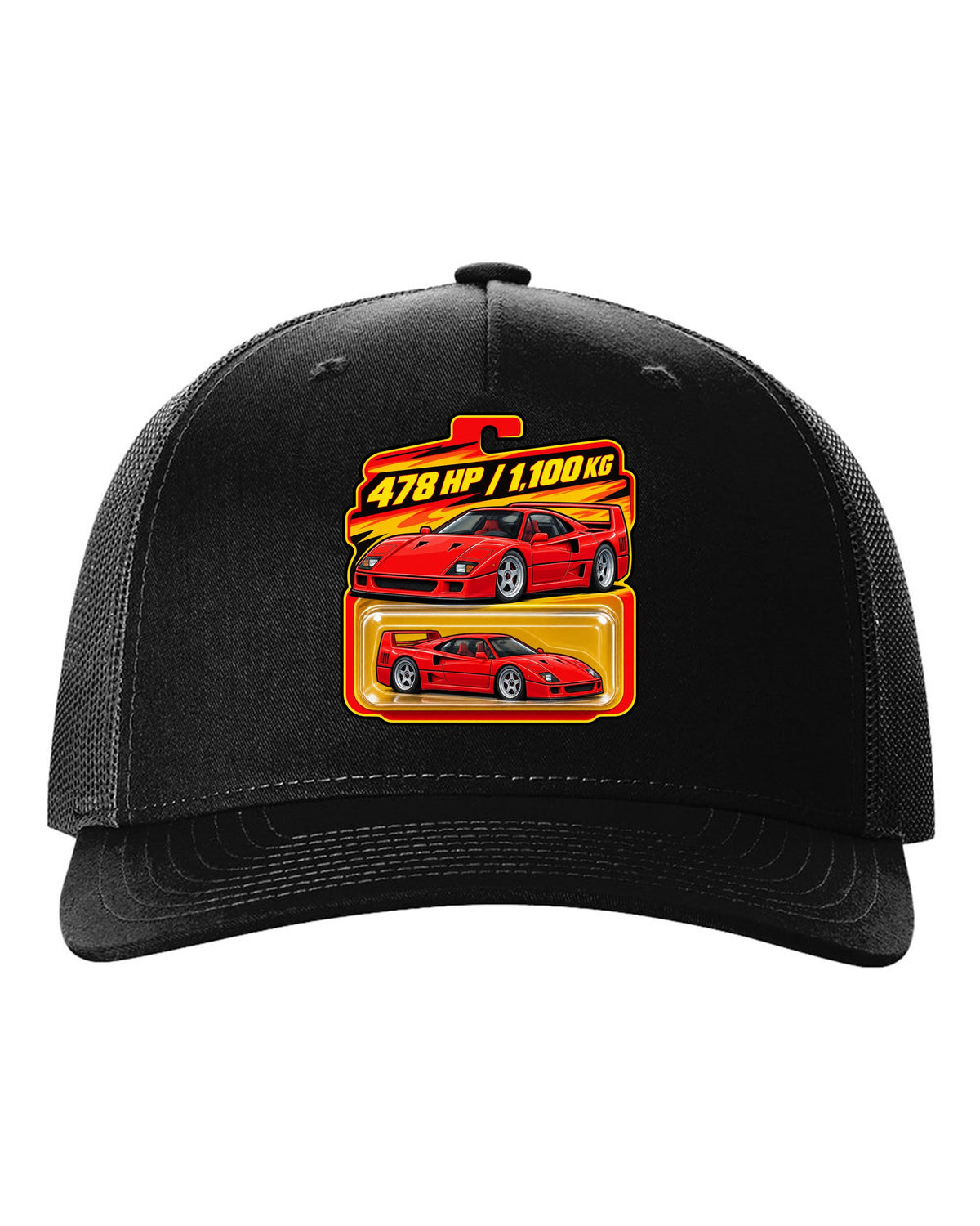 Toy blister-card print of a 1987 Ferrari F40 F120 with 478 HP and 1,100 KG text black hat front view with the design