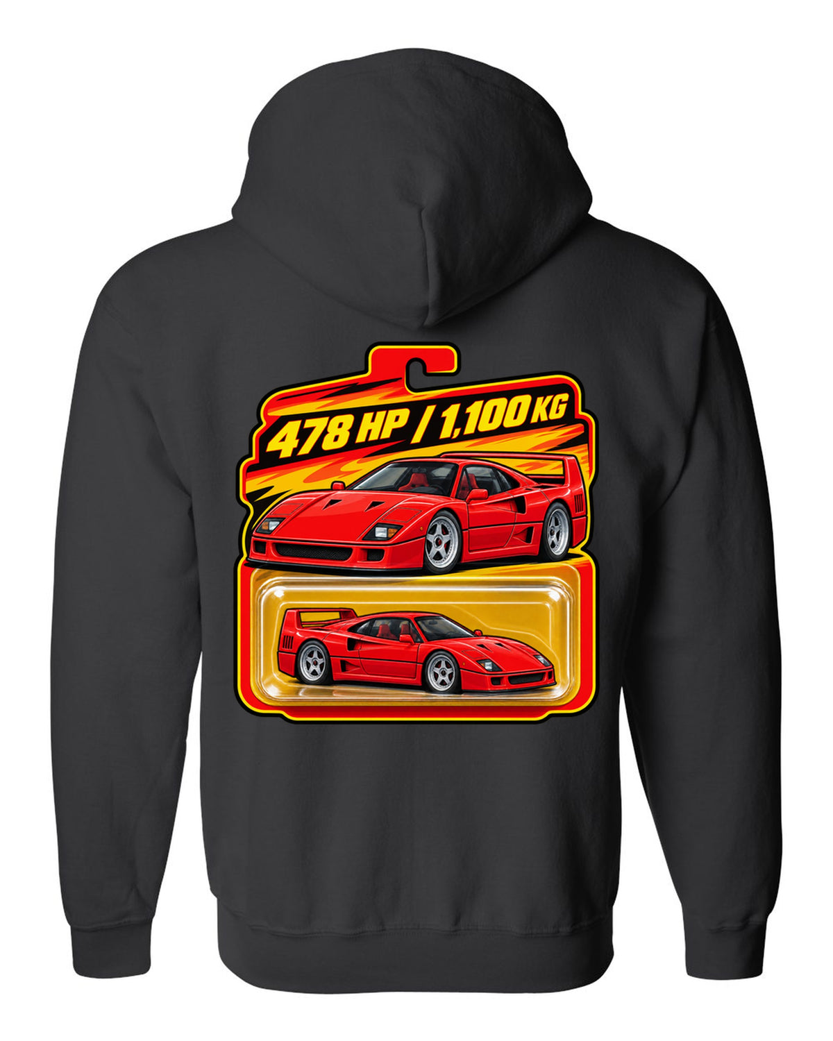 Toy blister-card print of a 1987 Ferrari F40 F120 with 478 HP and 1,100 KG text black zip hoodie back view with the design