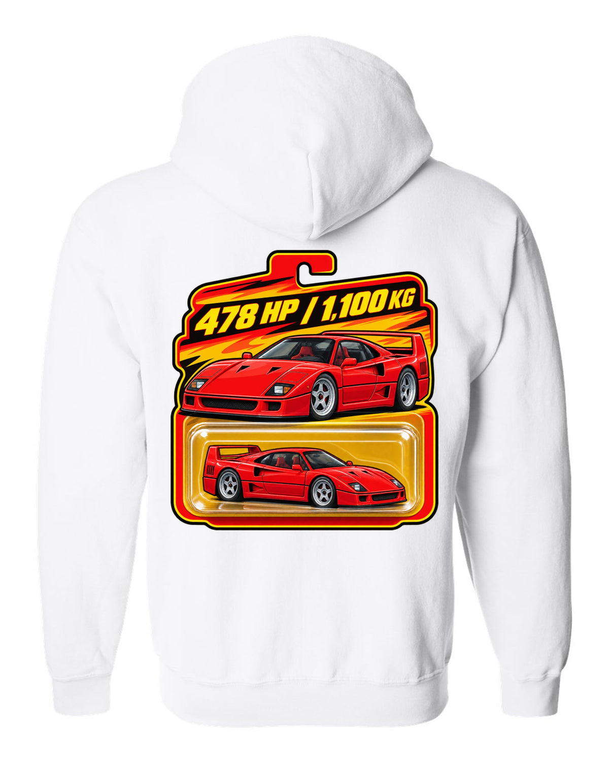 Toy blister-card print of a 1987 Ferrari F40 F120 with 478 HP and 1,100 KG text white zip hoodie back view with the design