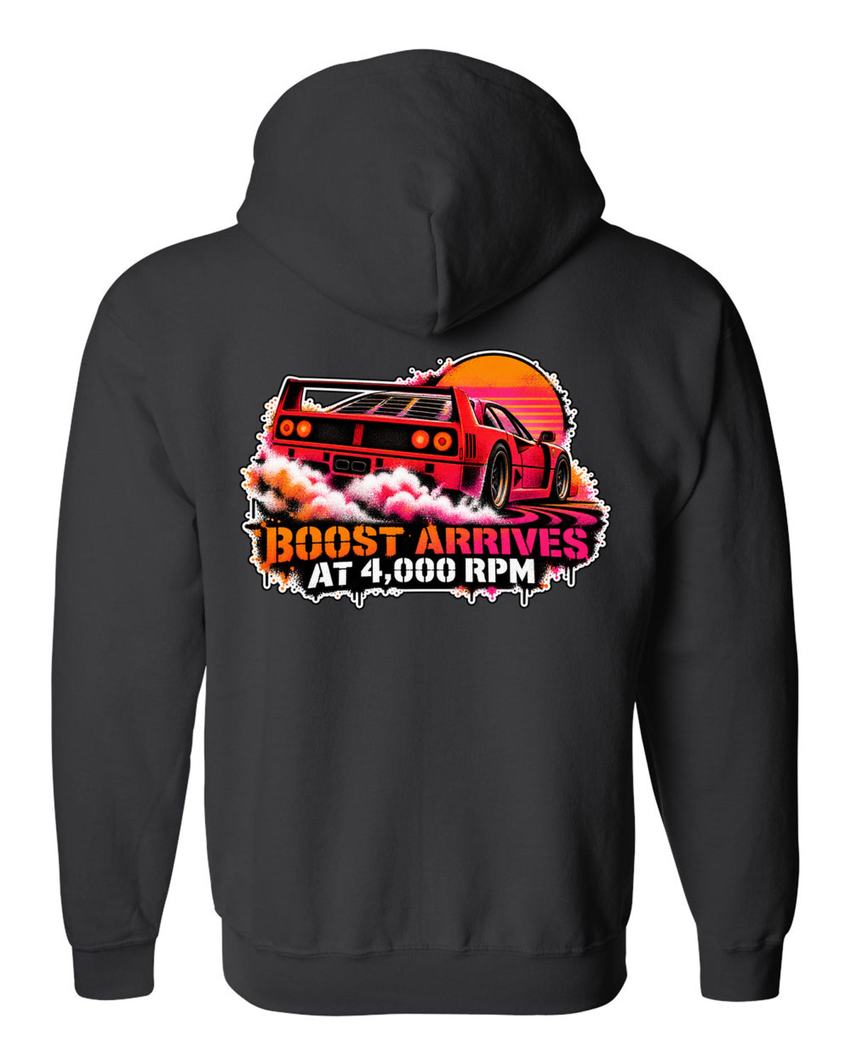 Stencil spray street-art print of a 1987 Ferrari F40 F120 with burnout and boost at 4,000 rpm text black zip hoodie back view with the design