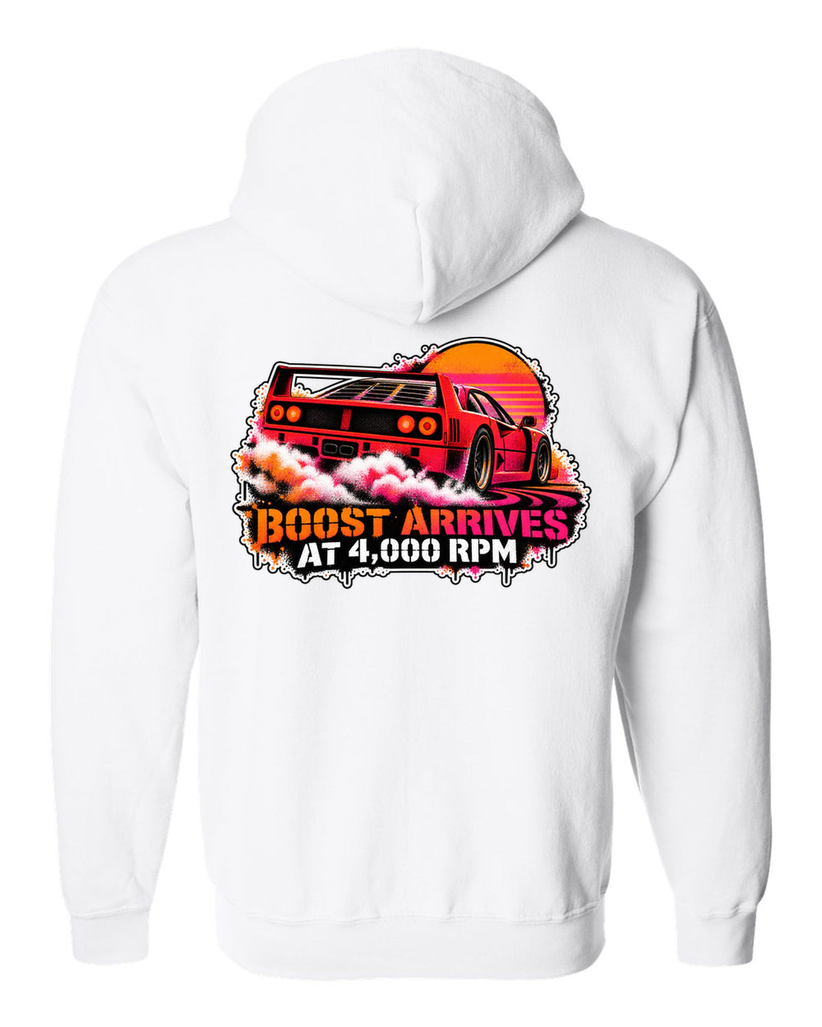 Stencil spray street-art print of a 1987 Ferrari F40 F120 with burnout and boost at 4,000 rpm text white zip hoodie back view with the design