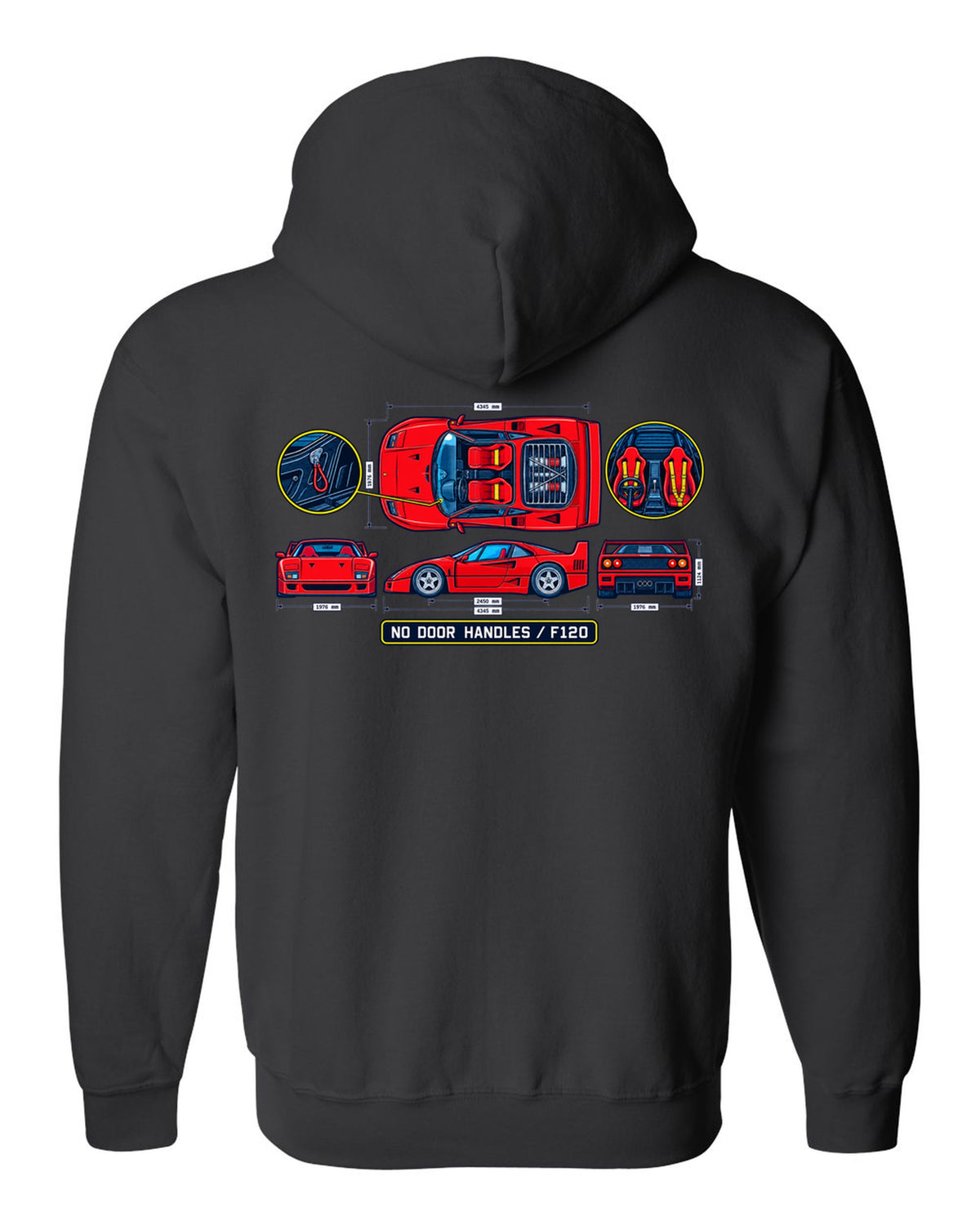 Technical blueprint print of a 1987 Ferrari F40 F120 cabin with no door handles text black zip hoodie back view with the design