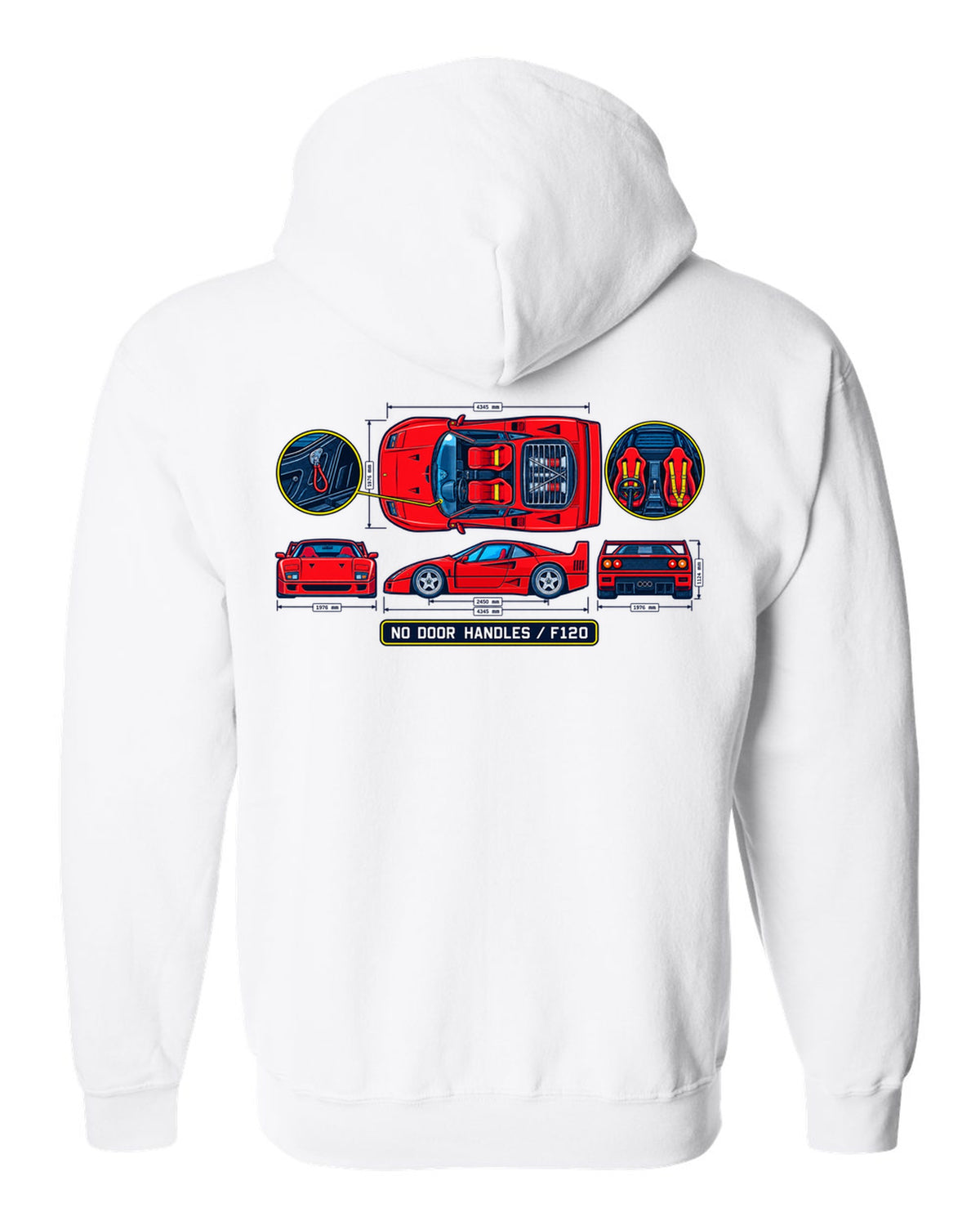 Technical blueprint print of a 1987 Ferrari F40 F120 cabin with no door handles text white zip hoodie back view with the design