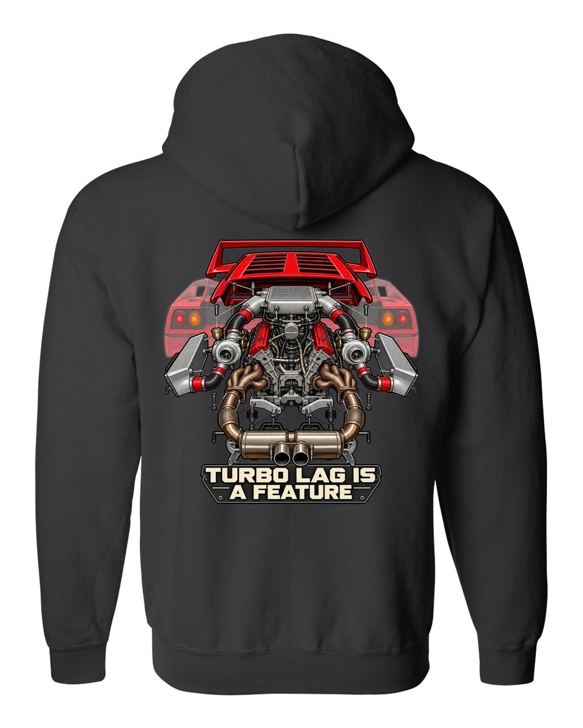 Exploded engine cutaway print of a Ferrari F40 F120 with turbo lag is a feature text black zip hoodie back view with the design