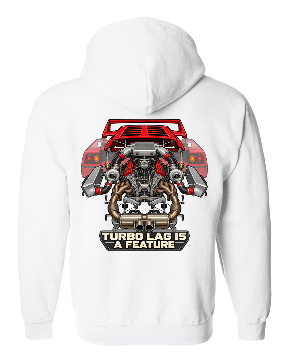 Exploded engine cutaway print of a Ferrari F40 F120 with turbo lag is a feature text white zip hoodie back view with the design