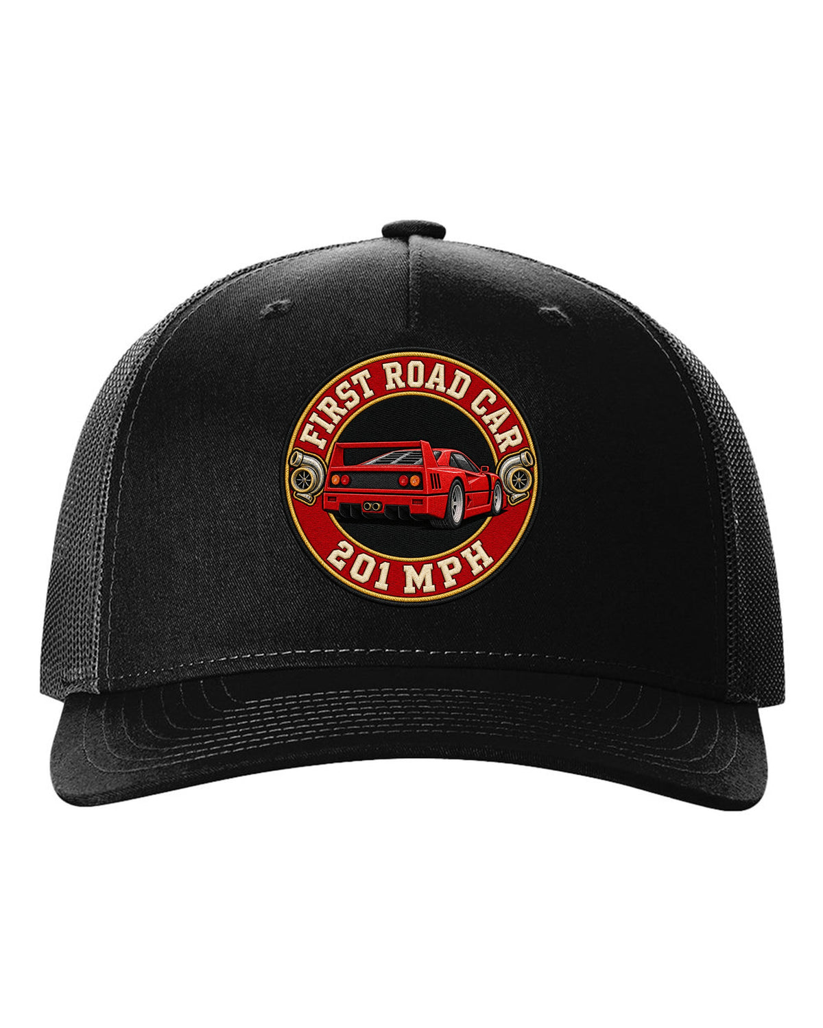 Embroidery-style varsity roundel of a 1987 Ferrari F40 F120 with first road car 201 MPH text black hat front view with the design