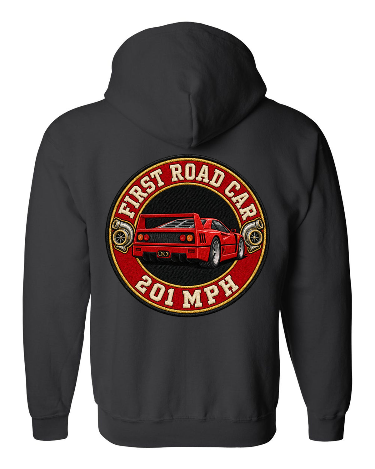 Embroidery-style varsity roundel of a 1987 Ferrari F40 F120 with first road car 201 MPH text black zip hoodie back view with the design