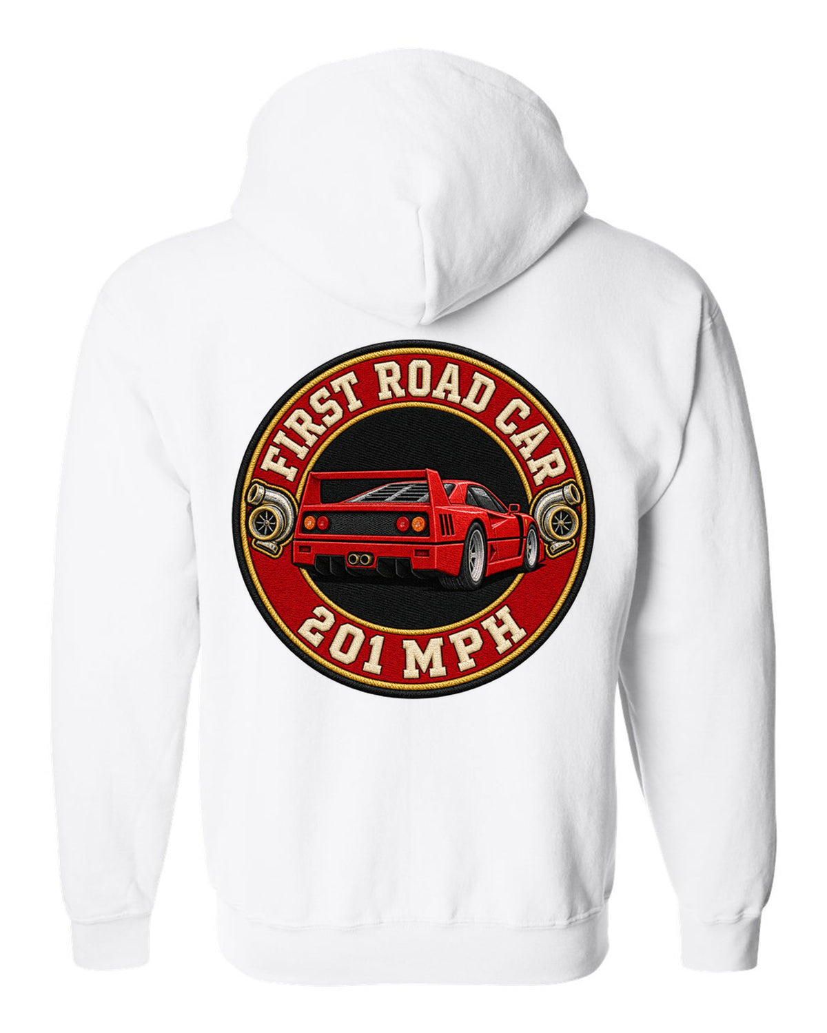 Embroidery-style varsity roundel of a 1987 Ferrari F40 F120 with first road car 201 MPH text white zip hoodie back view with the design