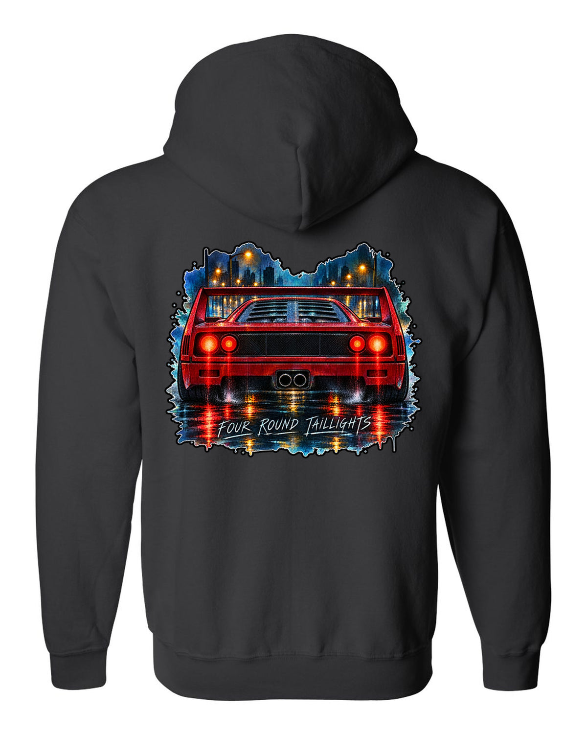 Watercolour wet-road night print of the rear of a 1987 Ferrari F40 F120 with four round taillights text black zip hoodie back view with the design
