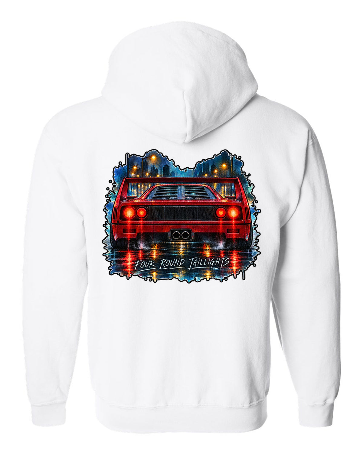 Watercolour wet-road night print of the rear of a 1987 Ferrari F40 F120 with four round taillights text white zip hoodie back view with the design